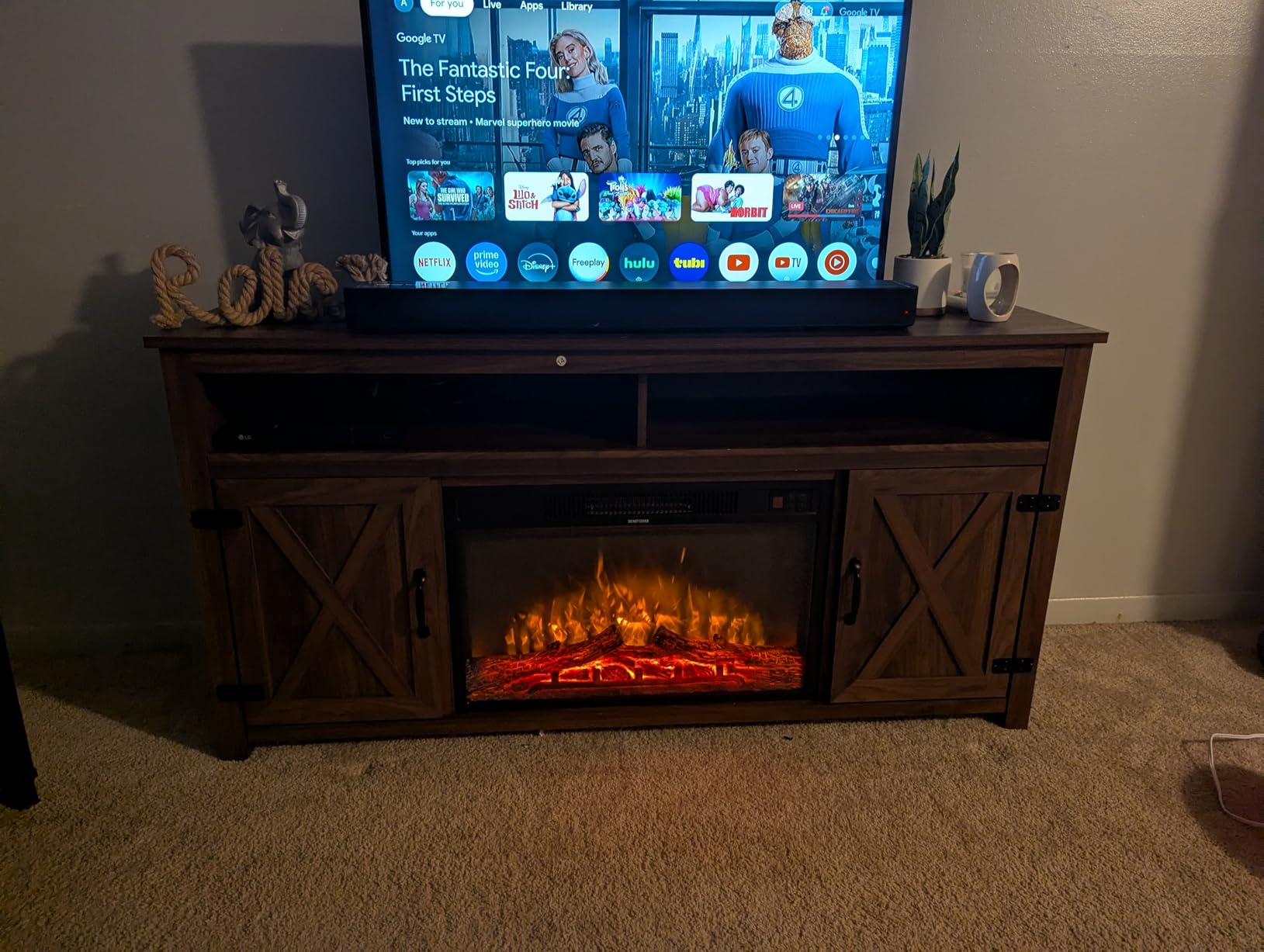 Furmax Farmhouse Fireplace TV Stand for TVs Up to 65 Inch Highboy Entertainment Center with Open Storage and Side Cabinets Rustic Media Console Table with Barn Doors for Living Room (Barnwood) customer photo 2