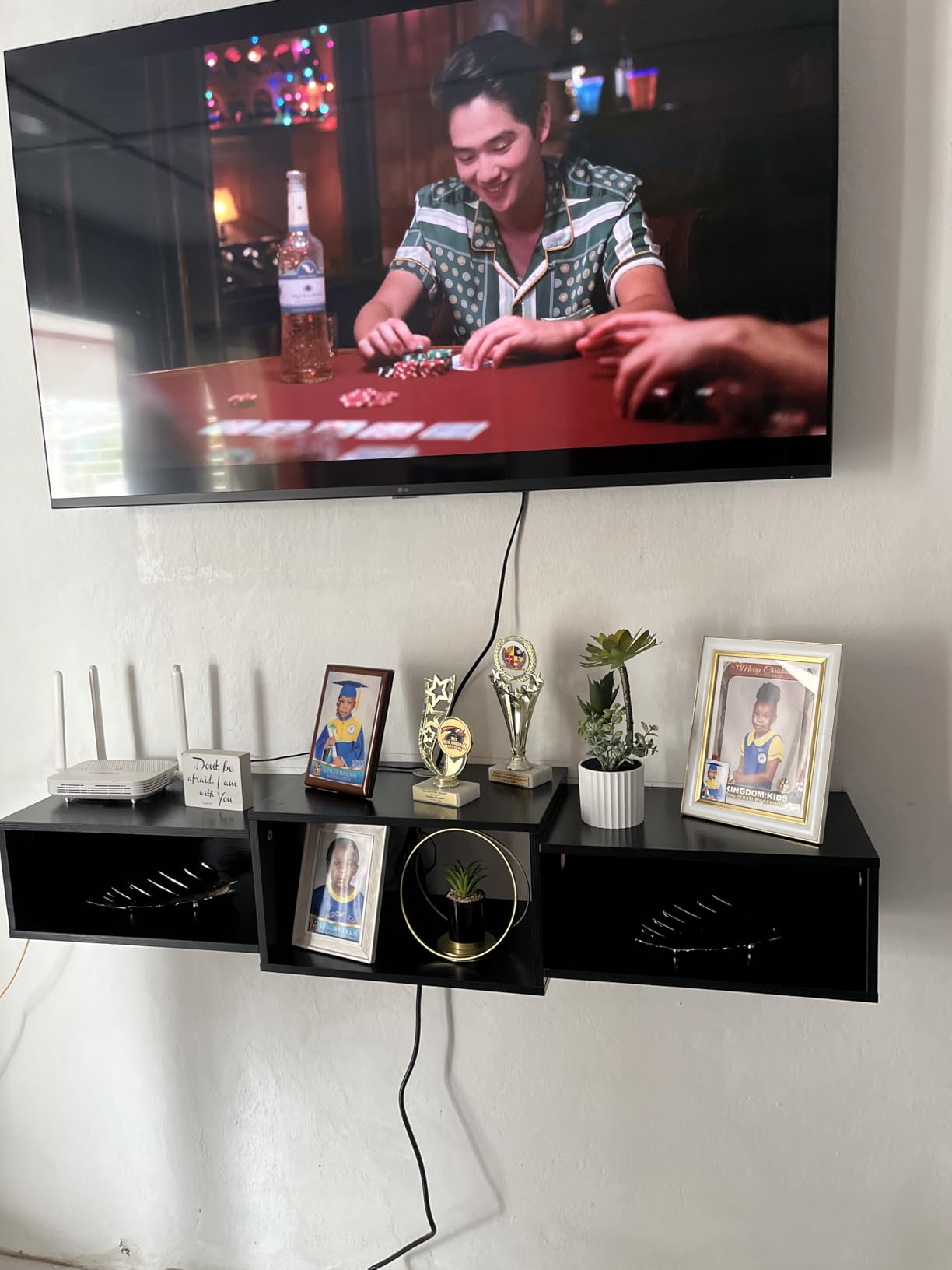 IBUYKE Floating TV Stand Wall Mounted with Power Outlet,Modern Wood Wall Mounted Media Console Shelf,Floating Entertainment Center for Under TV Storage for Living Room Bedroom Office,Black WST001B- customer photo 1