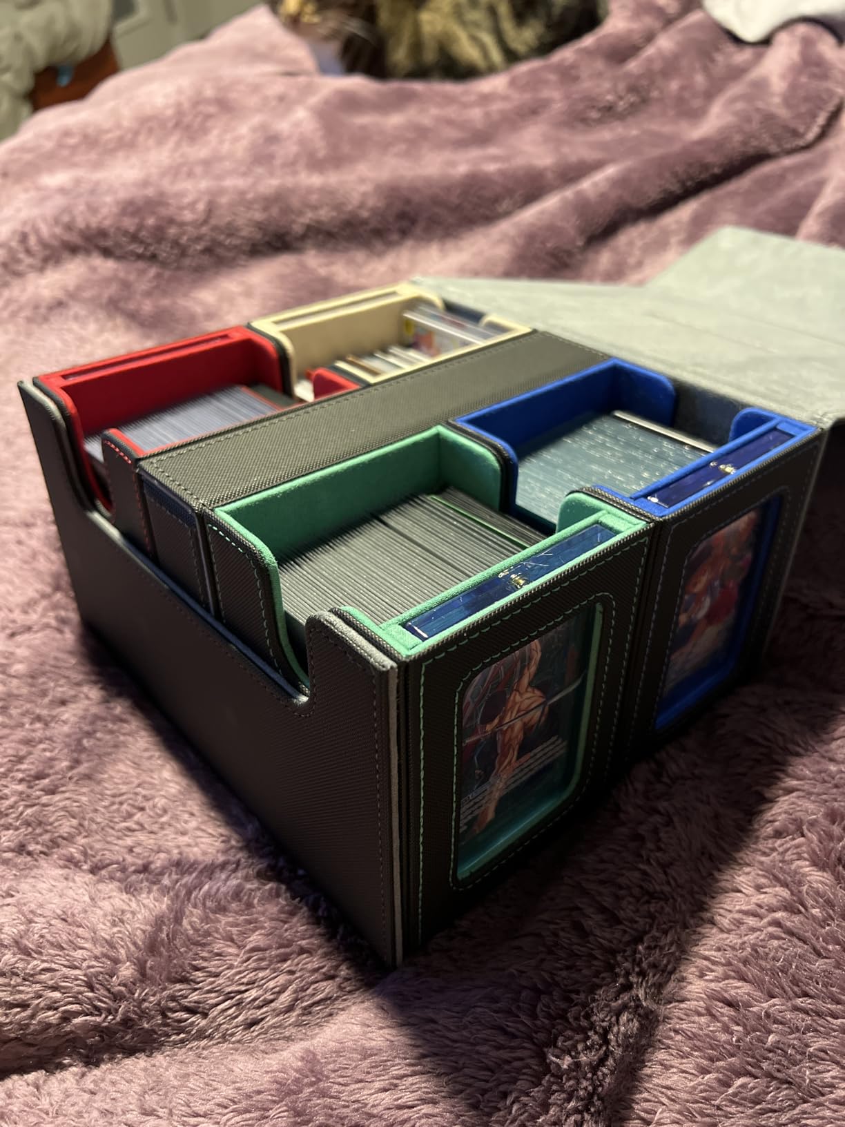 Kabinka Card Deck Box for MTG Commander, Holds 400+ Double-Sleeved Cards, 5 IN 1 Detachable Card Case with Dice Tray, Fits Magic/TCG Cards, 4 Magnetic Card Holders & Dividers (Black Purple) customer photo 1