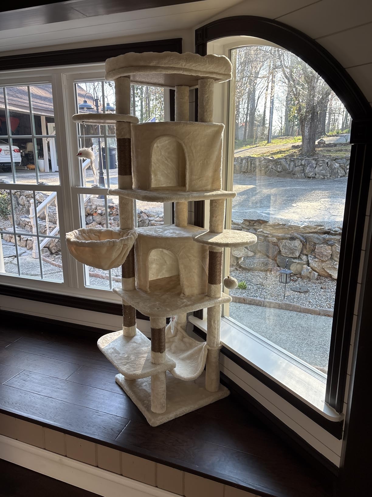 Globlazer Corner Cat Tree for Large Cats, 66inch Tall Curved Series Large Cat Tower for Multiple Indoor Cats with 6 Scratching Posts, 2 Spacious Cat Condos, Hammock, Hanging Basket, C66, Beige customer photo 2