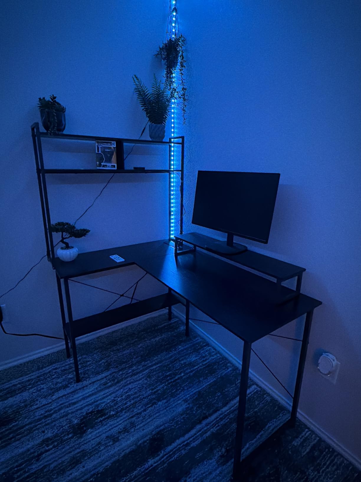 Aheaplus L Shaped Gaming Desk with Power Outlets & LED Lights, Small L- Shaped Desk Computer Corner Desk with Monitor Stand & Storage Shelf, Home Office Desk Writing Desk with Storage Bag, Black customer photo 1