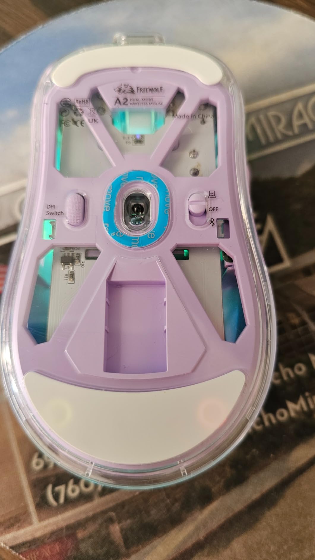 FREEWOLF A2 Transparent Wireless Gaming Mouse,Dual Mode BT 5.0/2.4G PC Gaming Mice,PixArt 3212 5 Adjustable DPI,Rechargeable Silent Mouse with Digital Screen,RGB Backlight Mouse for Win/Mac(White) customer photo 1