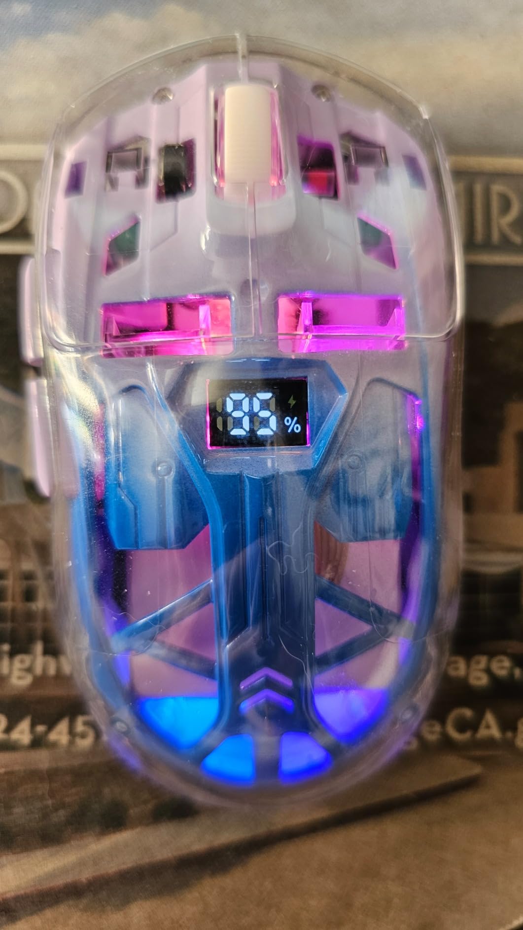 FREEWOLF A2 Transparent Wireless Gaming Mouse,Dual Mode BT 5.0/2.4G PC Gaming Mice,PixArt 3212 5 Adjustable DPI,Rechargeable Silent Mouse with Digital Screen,RGB Backlight Mouse for Win/Mac(White) customer photo 2