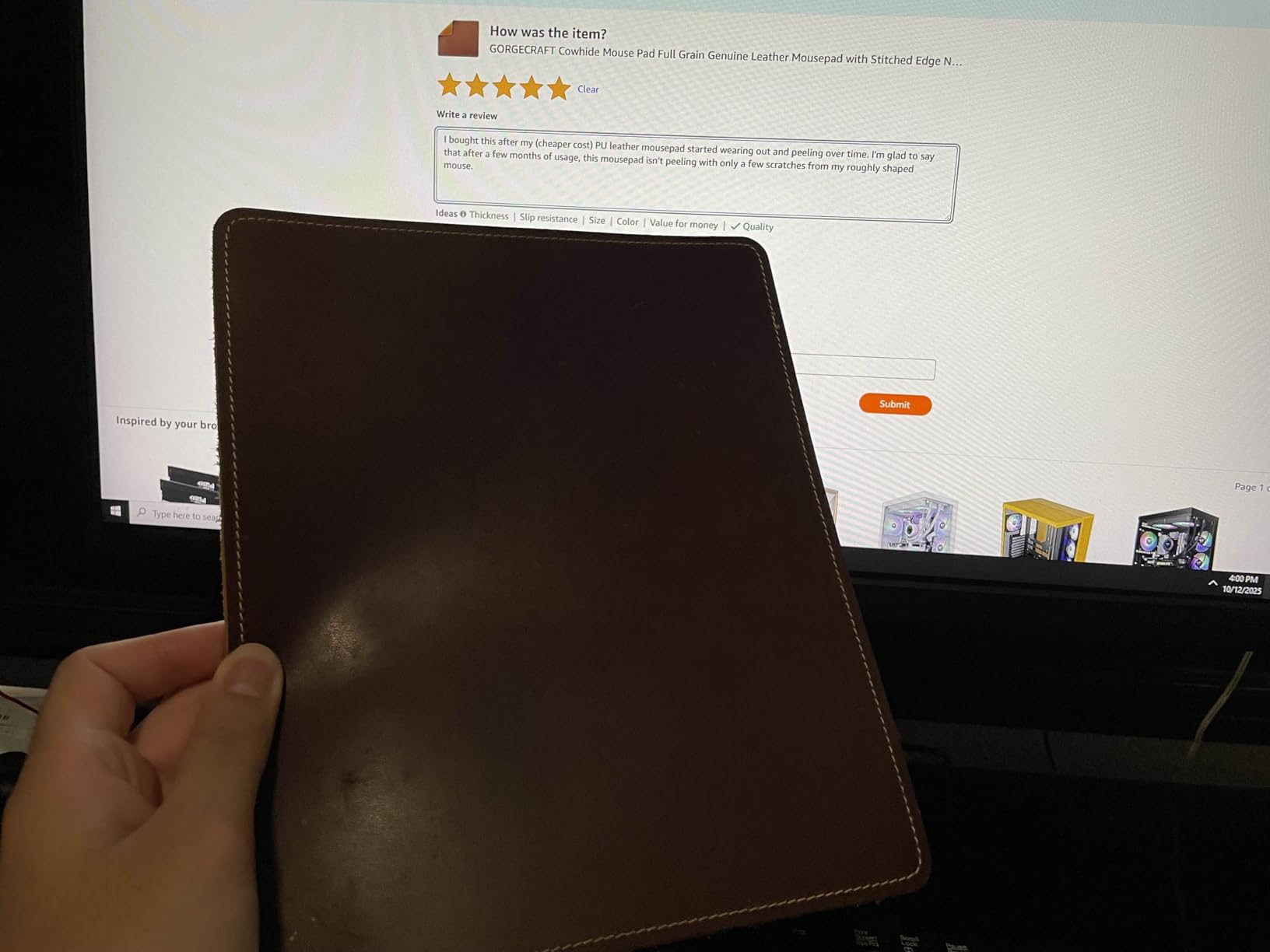 GORGECRAFT Cowhide Mouse Pad Full Grain Genuine Leather Mousepad with Stitched Edge Non-Slip Mouse Mat for Home Office Desktop Computer Essentials Coconut Brown 7.9 x 9.5 Inch customer photo 2