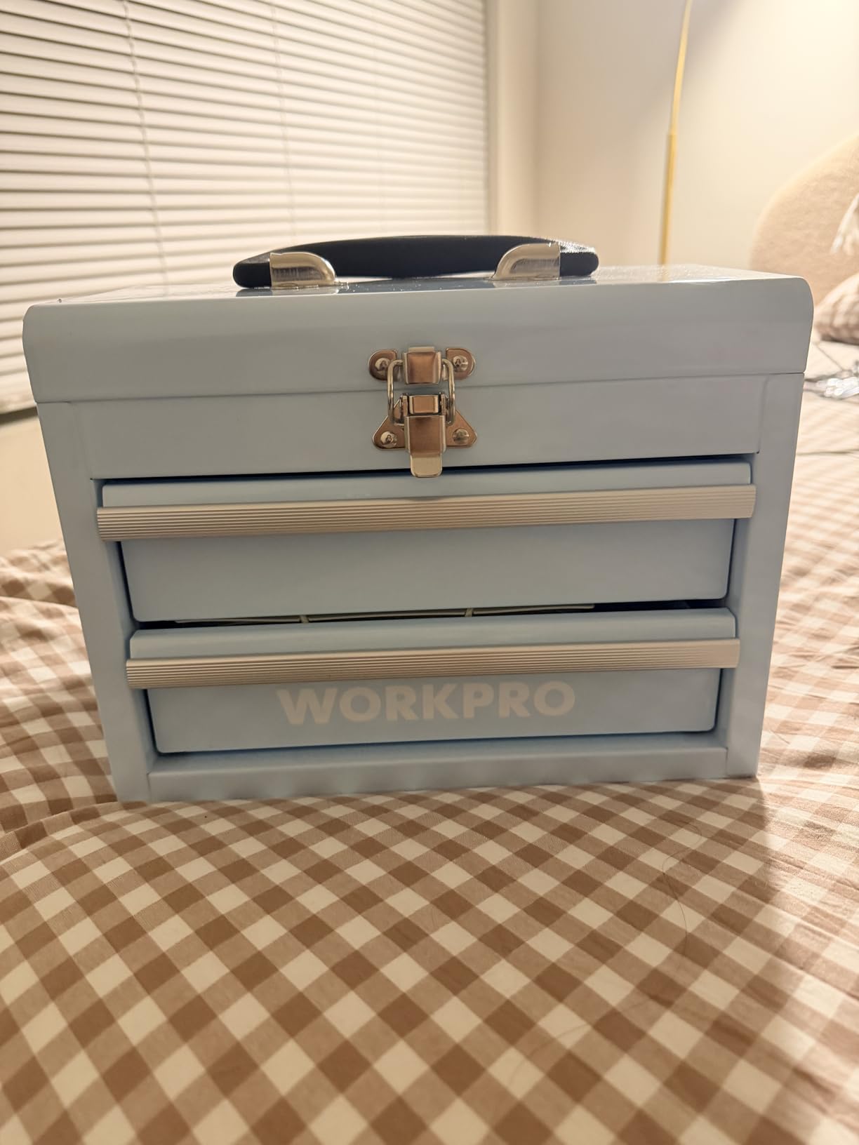 WORKPRO Portable Mini Tool Box, 2 Drawers Metal Tool Chest with Ball Bearing Slides, Top Storage with Latch, Ergonomic Carrying Handle, Mechanic Toolbox with PVC Liners and PP Feet Pads customer photo 2