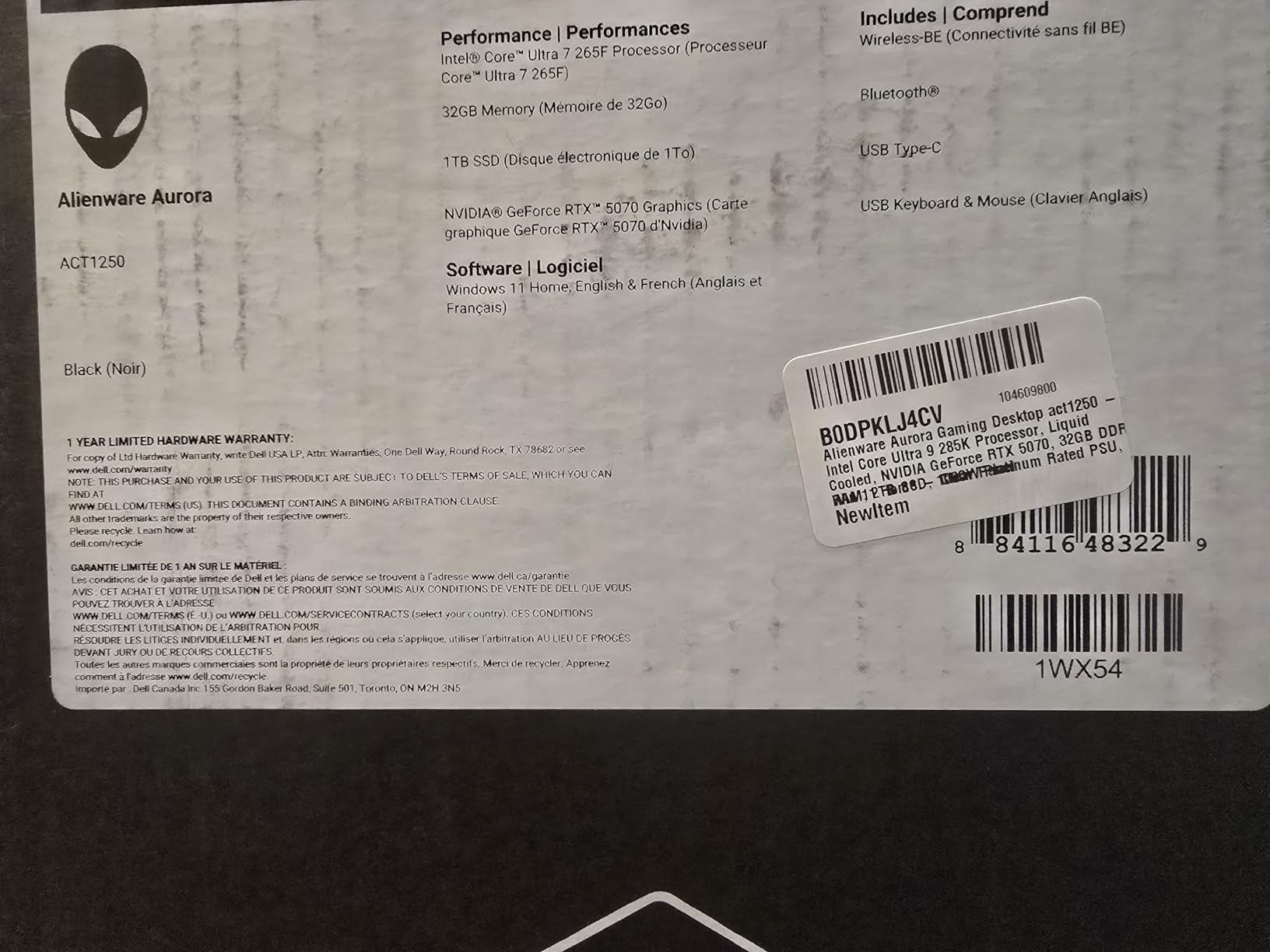 Alienware Aurora Gaming Desktop ACT1250 - Intel Core Ultra 7 265F, 32GB DDR5 RAM, 1TB SSD, NVIDIA GeForce RTX 5070, 1000W Platinum Rated PSU, Windows 11 Home, Clear Panel - Black customer photo 1