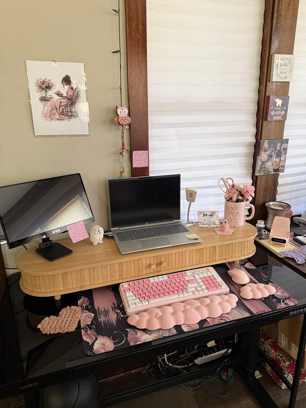 Bamboo Dual Monitor Stand with Storage, Curved Double Computer Laptop Stand Desk Shelf Organizer with Sliding Doors (42 inch) customer photo 1