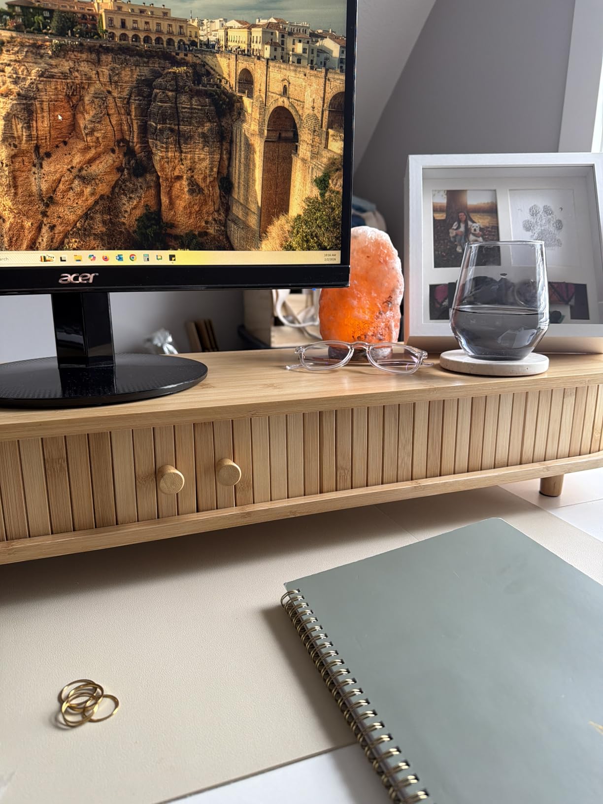 Bamboo Dual Monitor Stand with Storage, Curved Double Computer Laptop Stand Desk Shelf Organizer with Sliding Doors (42 inch) customer photo 2