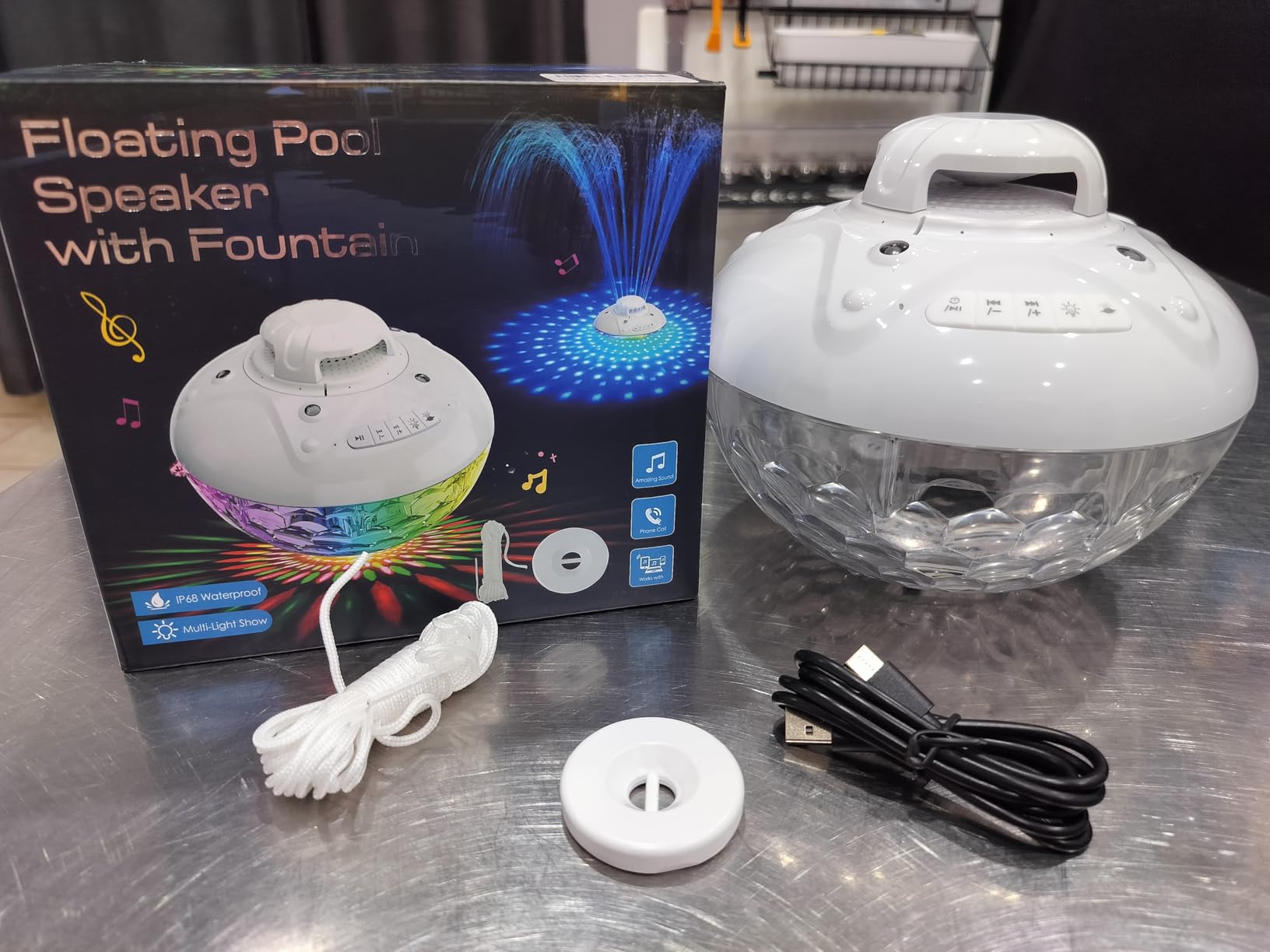 KingSom 3 in 1 Bluetooth Pool Speaker with Pool Fountain Light, Floating Pool Speaker for Pool, IP68 Waterproof Hot Tub Speakers, Loud Sound, BT5.4, 24H Playtime Pool Water Fountain, White customer photo 2