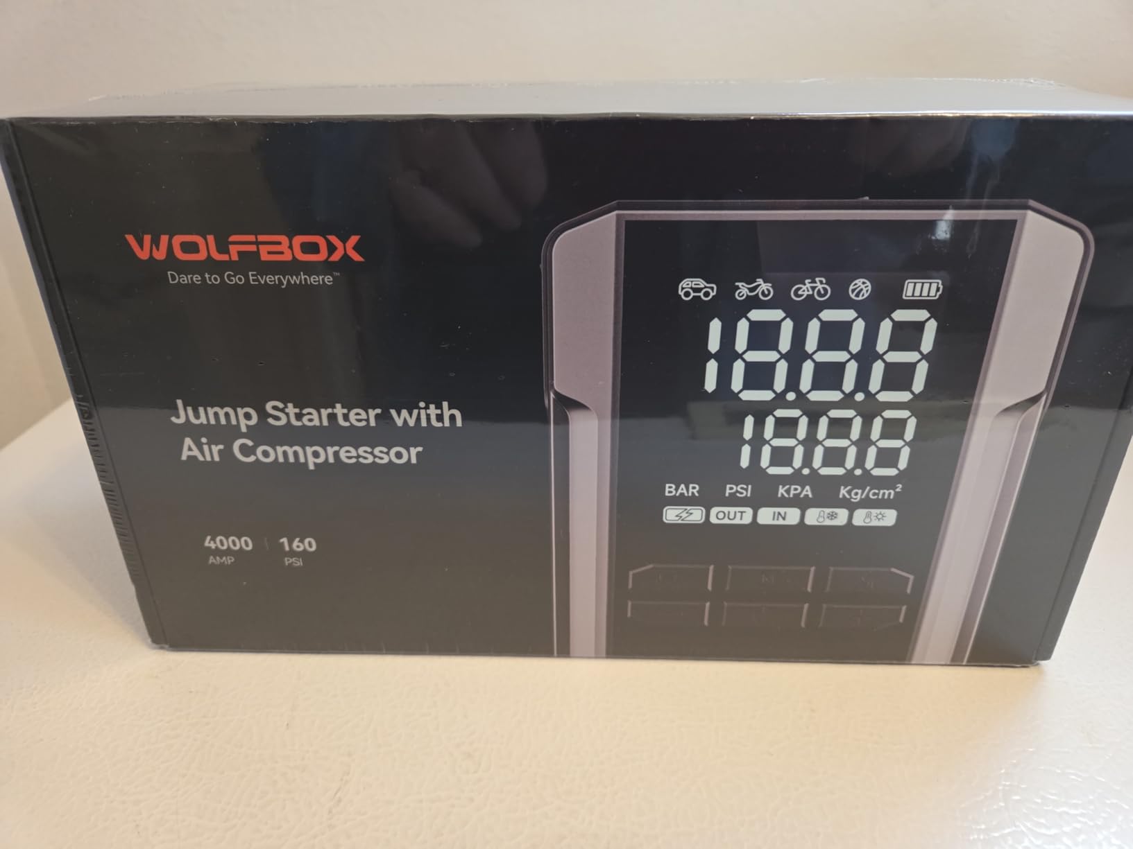 WOLFBOX 4000A Jump Starter with 160PSI Air Compressor, 12V Car Battery Booster, 65W Fast Charge, 88.8Wh Portable Tire Inflator, LED Display for 10L Gas & 10L Diesel Engines, LED Light, Jumper Cables customer photo 1