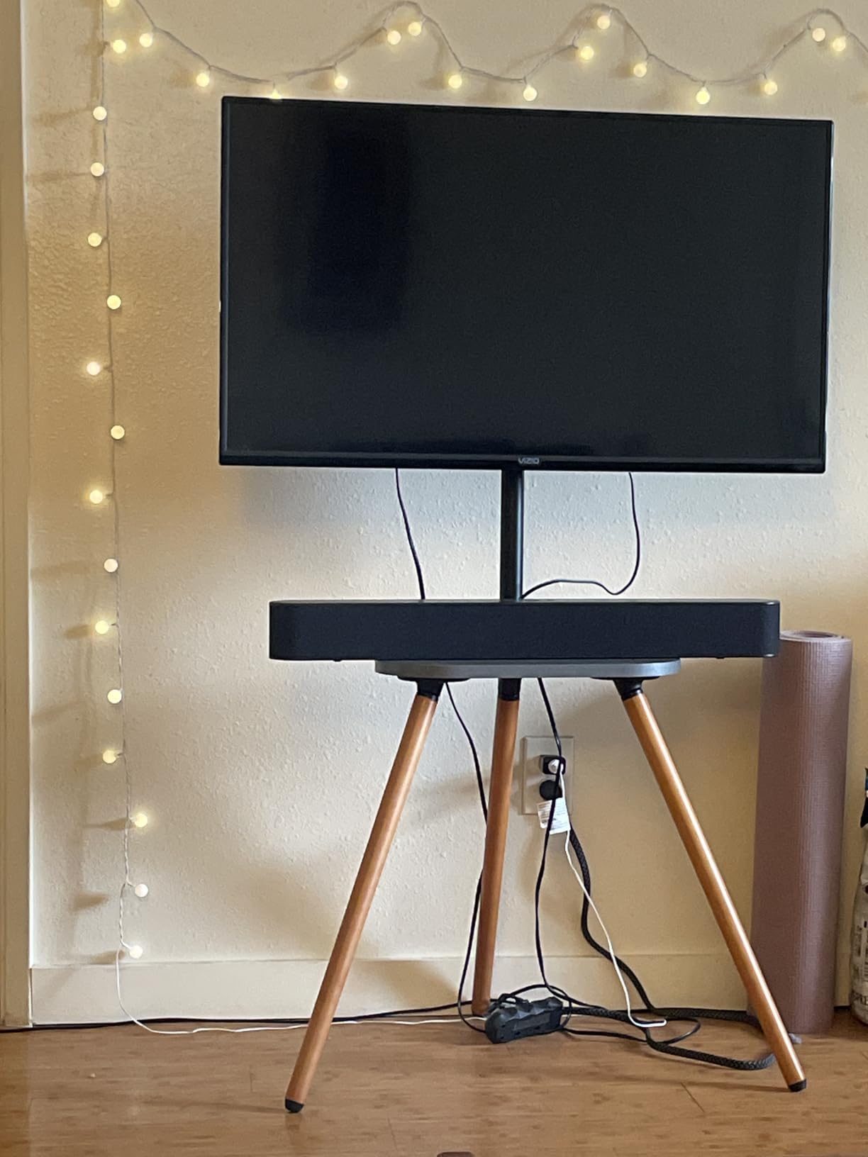 Tripod Easel TV Stand for 43 to 65 Inch LCD LED Screen, Height Adjustable and Swivel TV Stand, Portable TV Floor Stand with Wooden Tray for Bedroom, Living Room, Studio, Metal Black customer photo 2