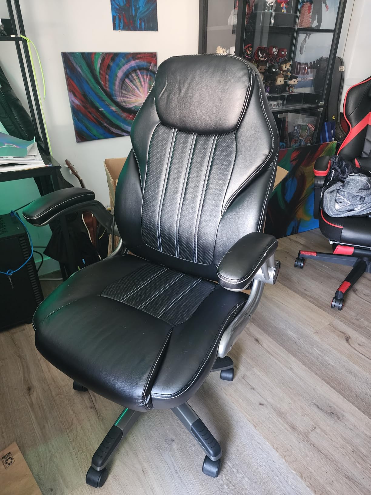 Office Desk Chair, Ergonomic Computer Chair with Padded Flip-Up Arms and Adjustable Lumbar Support, PU Leather Executive Chair with Tilt Lock and 360 Degree Swivel Rolling Wheels for Work, Study customer photo 1