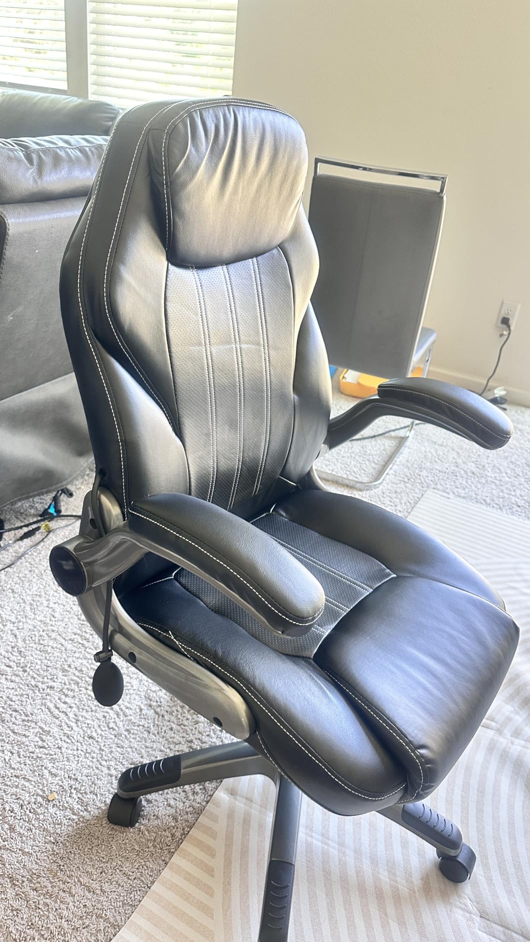 Office Desk Chair, Ergonomic Computer Chair with Padded Flip-Up Arms and Adjustable Lumbar Support, PU Leather Executive Chair with Tilt Lock and 360 Degree Swivel Rolling Wheels for Work, Study customer photo 2