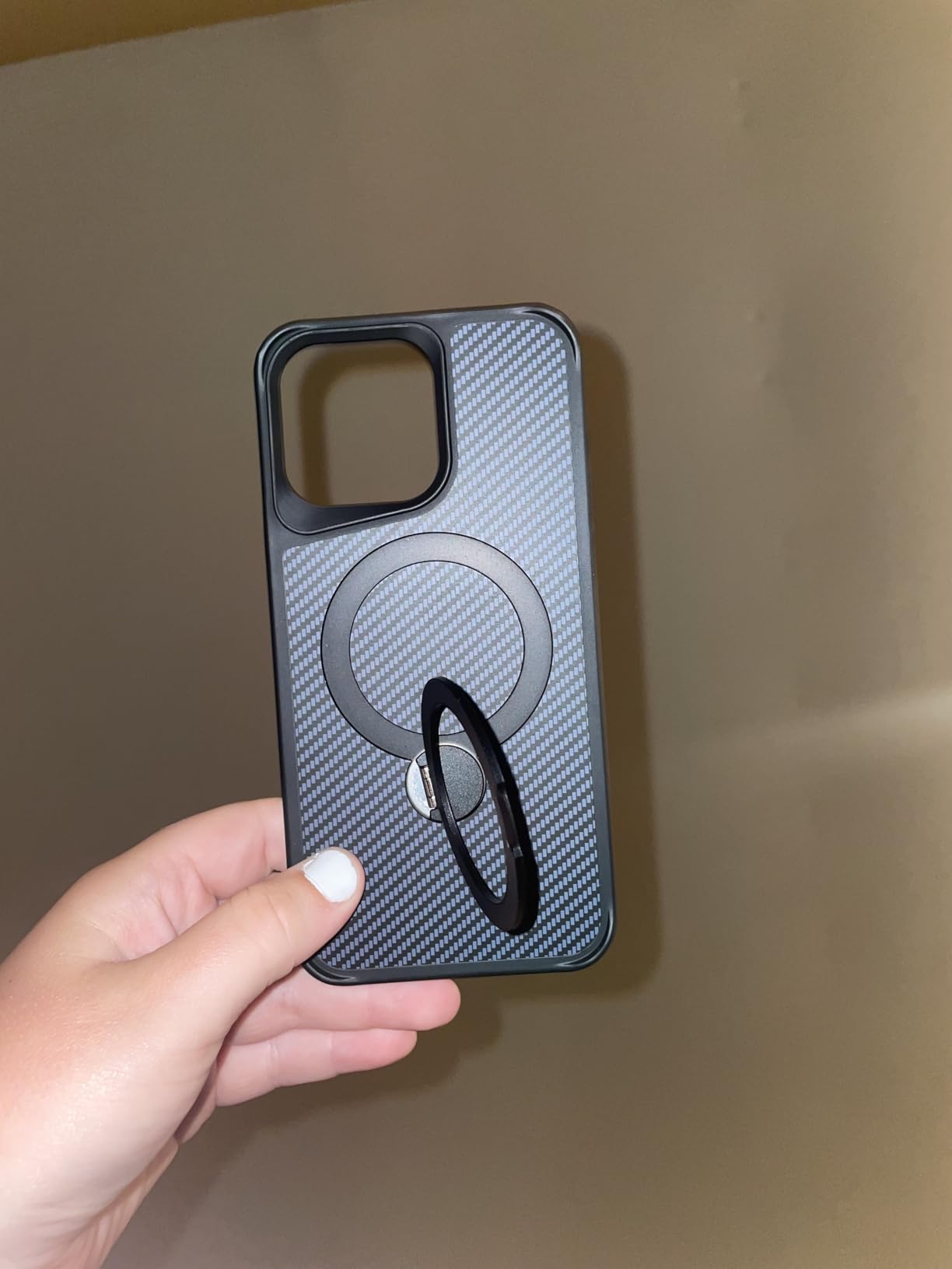 FlyReal Designed for iPhone 15 Pro Max Case with 360° Magnetic Stand, Carbon Fiber Phone Case [Compatible with Magsafe] [16FT Military Protection] with Stand Ring 6.7'', Black customer photo 2