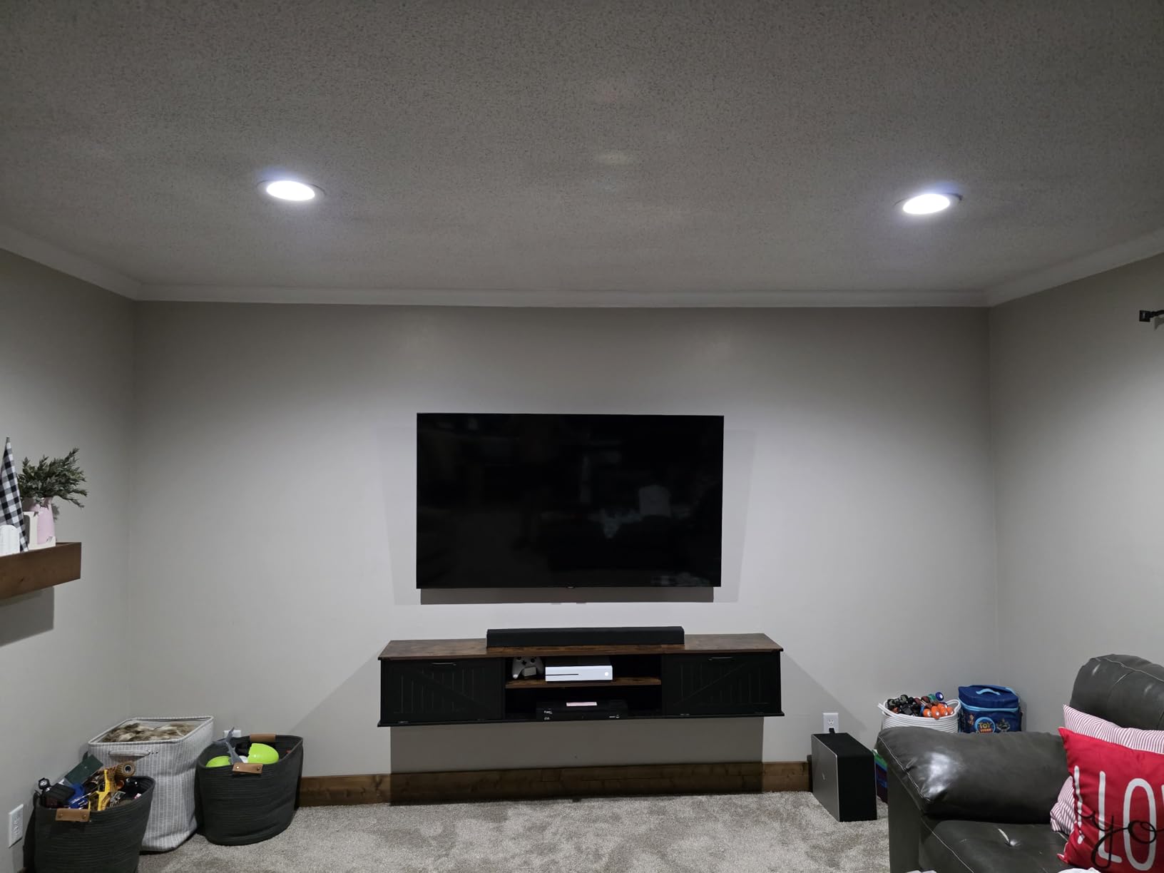 Floating TV Stand with Doors, 63'' Farmhouse Floating TV Shelf for TVs up to 80 Inch, 2 Tier Wall Mounted TV Stand, Floating Entertainment Center, TV Floating Cabinet for Living Room, Bedroom, Black customer photo 1