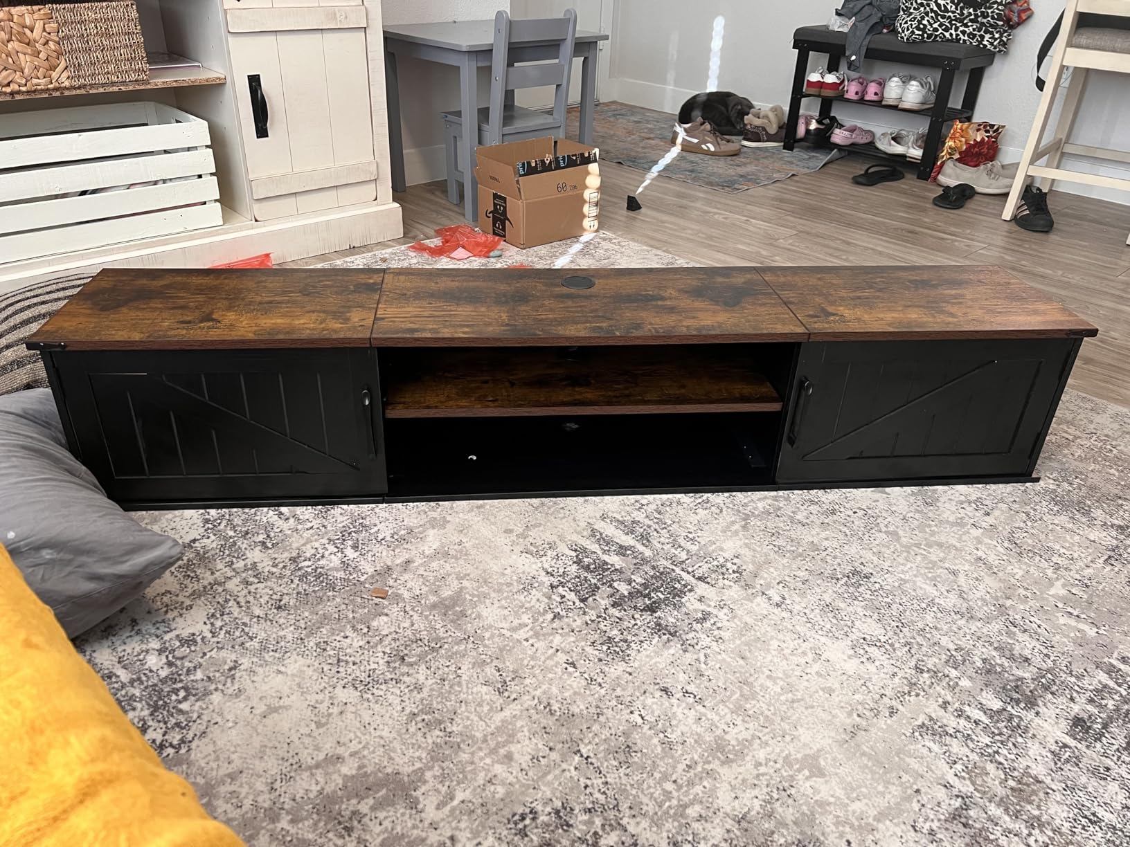 Floating TV Stand with Doors, 63'' Farmhouse Floating TV Shelf for TVs up to 80 Inch, 2 Tier Wall Mounted TV Stand, Floating Entertainment Center, TV Floating Cabinet for Living Room, Bedroom, Black customer photo 2