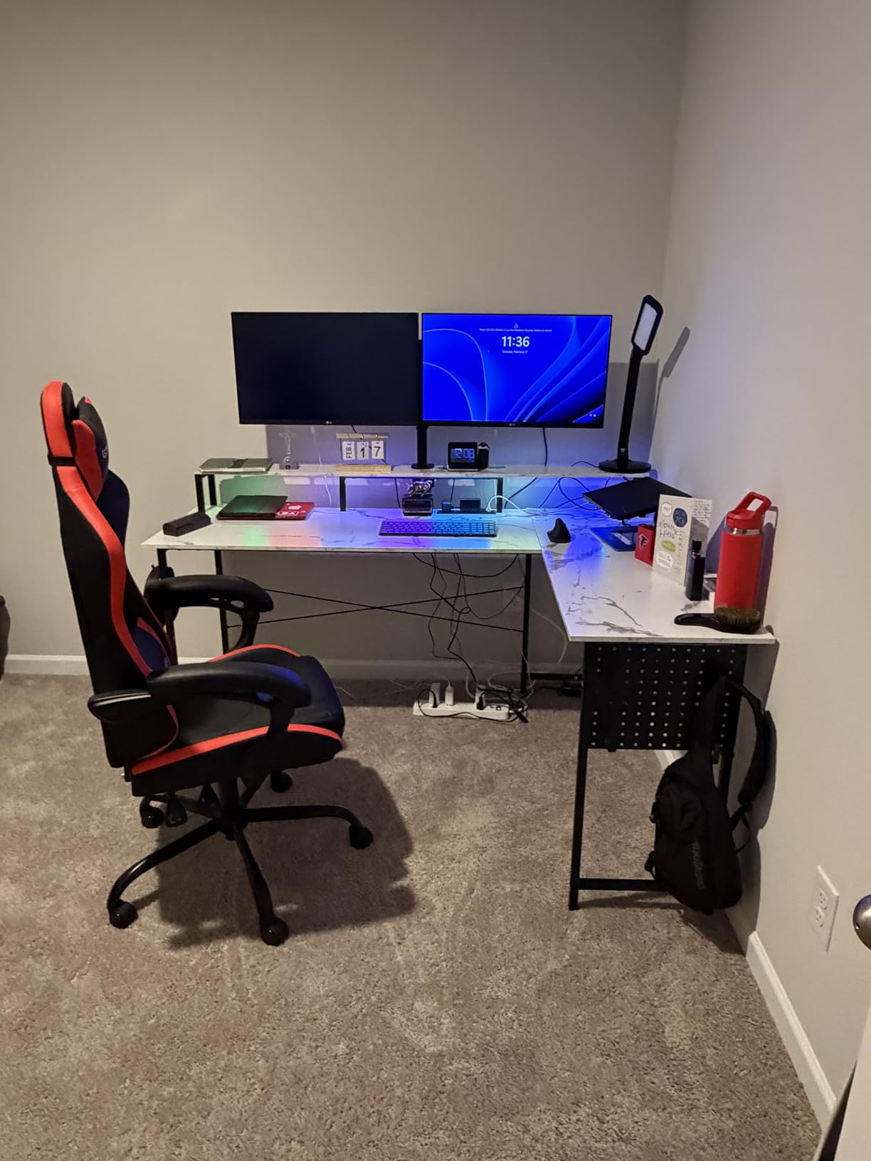 Pamray 64 Inch L Shaped Gaming Desk with Power Outlets and Led Lights, Large Corner Computer Desk with Monitor Stand and Pegboard, PC Table for Home Office and Bedroom Black customer photo 2