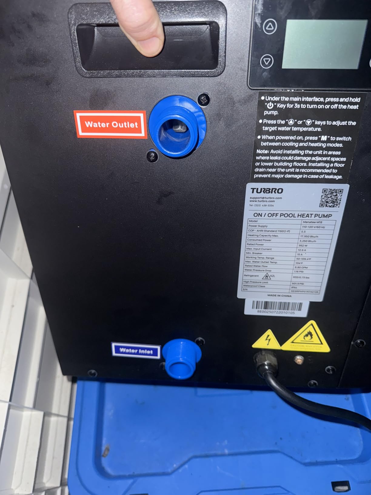 TURBRO 18,000 BTU Swimming Pool Heat Pump, Electric Pool Heater for Above-Ground Pools and Spas up to 6,000 Gallons, Titanium Heat Exchanger, 5.5 COP, IPX4-Waterproof, 110-120V, Manatee M18 customer photo 1