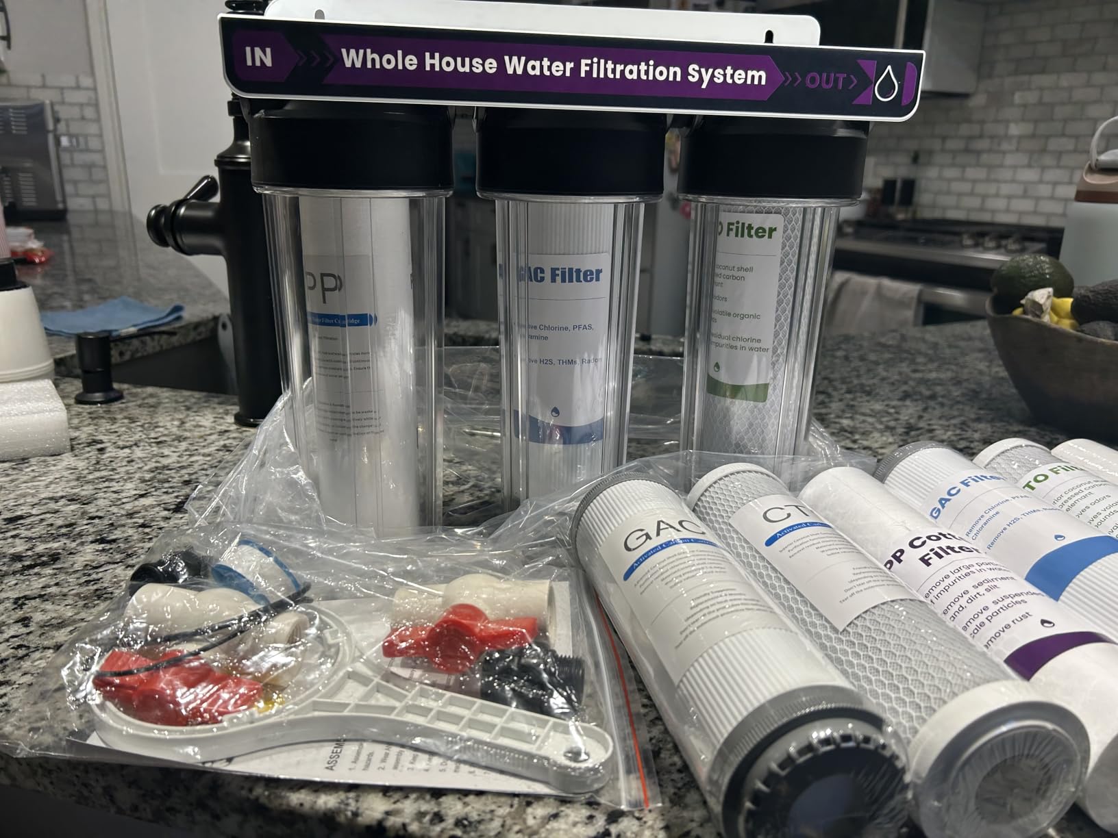 Whole House Water Filter System, 3-Stage Home Water Filtration System Highly Reduces Chlorine Odor,Taste, Delivers Crisp Water for Healthier Skin, 3/4