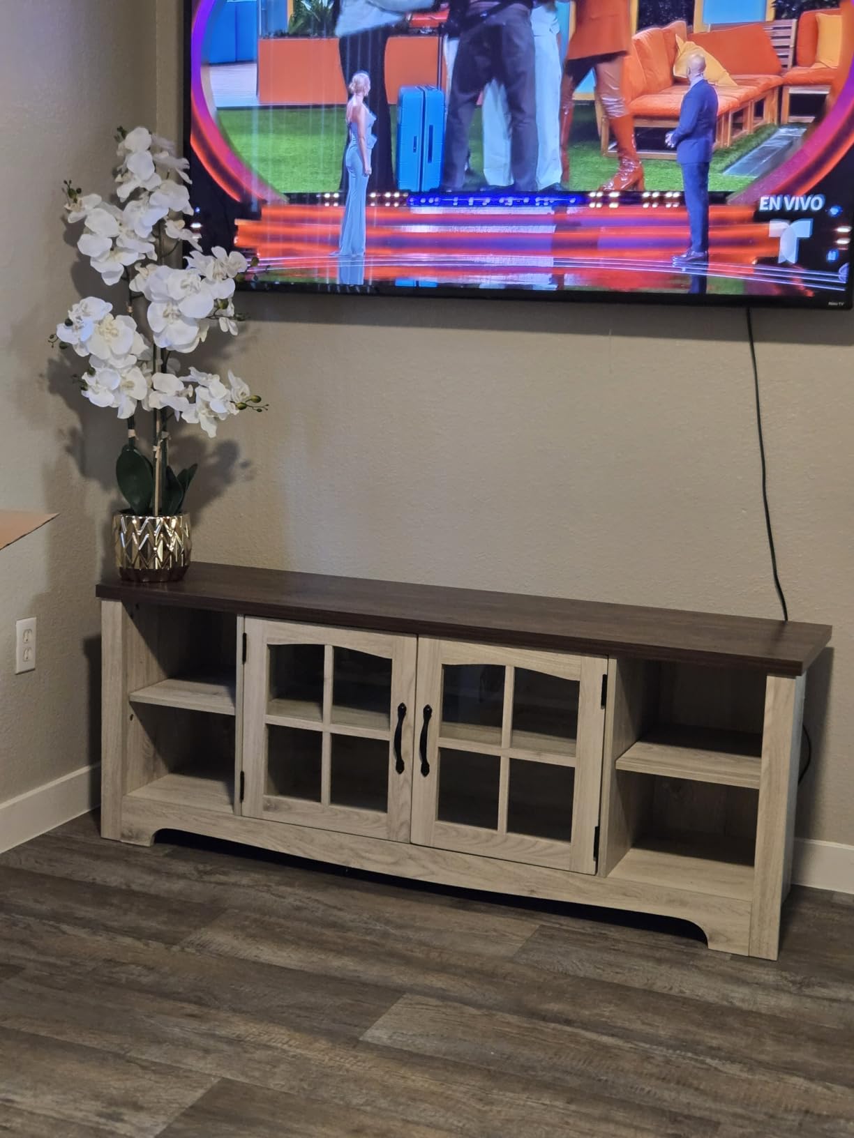 LINSY HOME TV Stand for 75 Inch TV, Modern Farmhouse Entertainment Center with Storage Cabinets and Glass Doors, Tall Media Console Table for Living Room, Bedroom, Large Long Television Stand, Beige customer photo 1