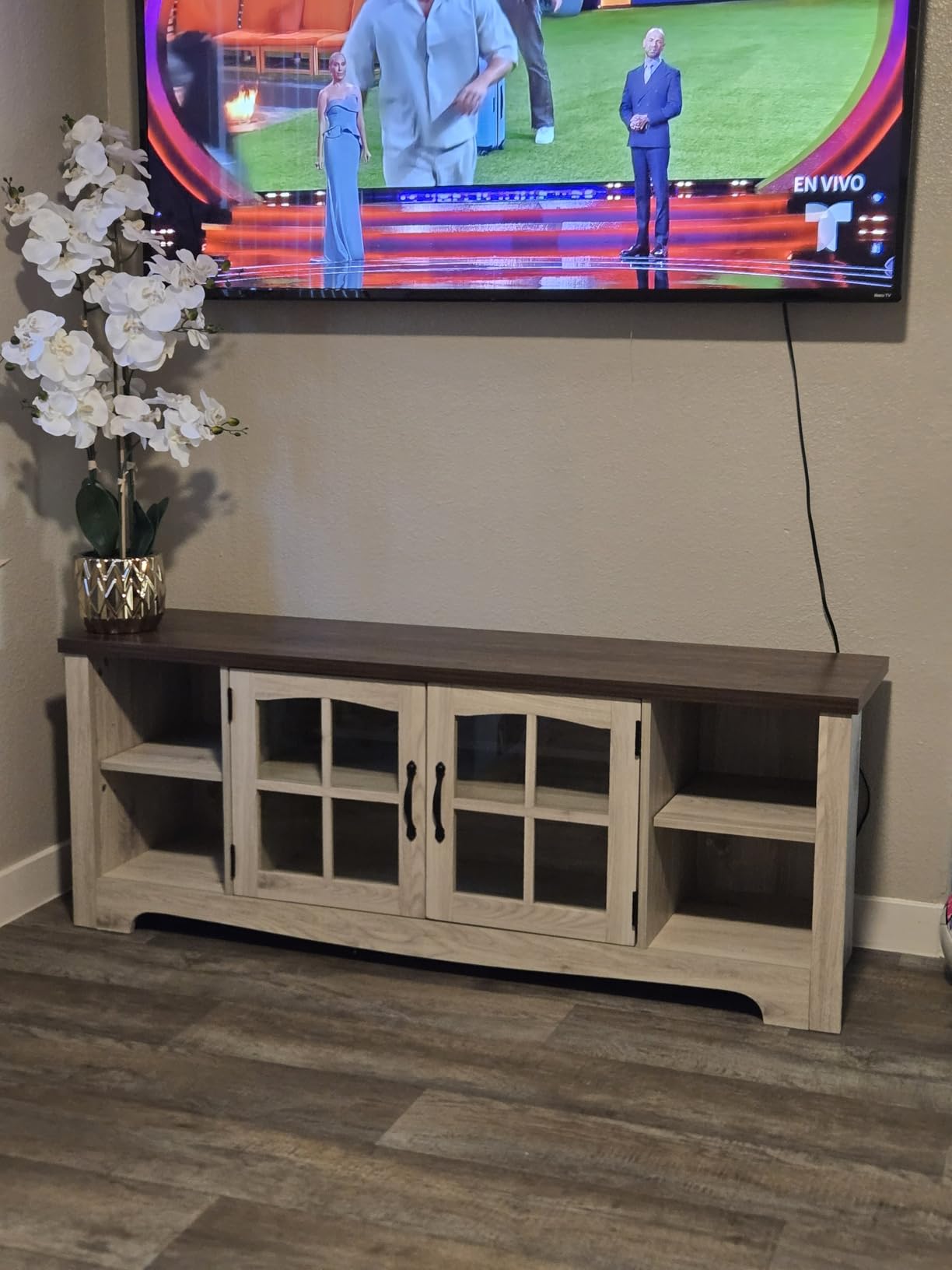 LINSY HOME TV Stand for 75 Inch TV, Modern Farmhouse Entertainment Center with Storage Cabinets and Glass Doors, Tall Media Console Table for Living Room, Bedroom, Large Long Television Stand, Beige customer photo 2