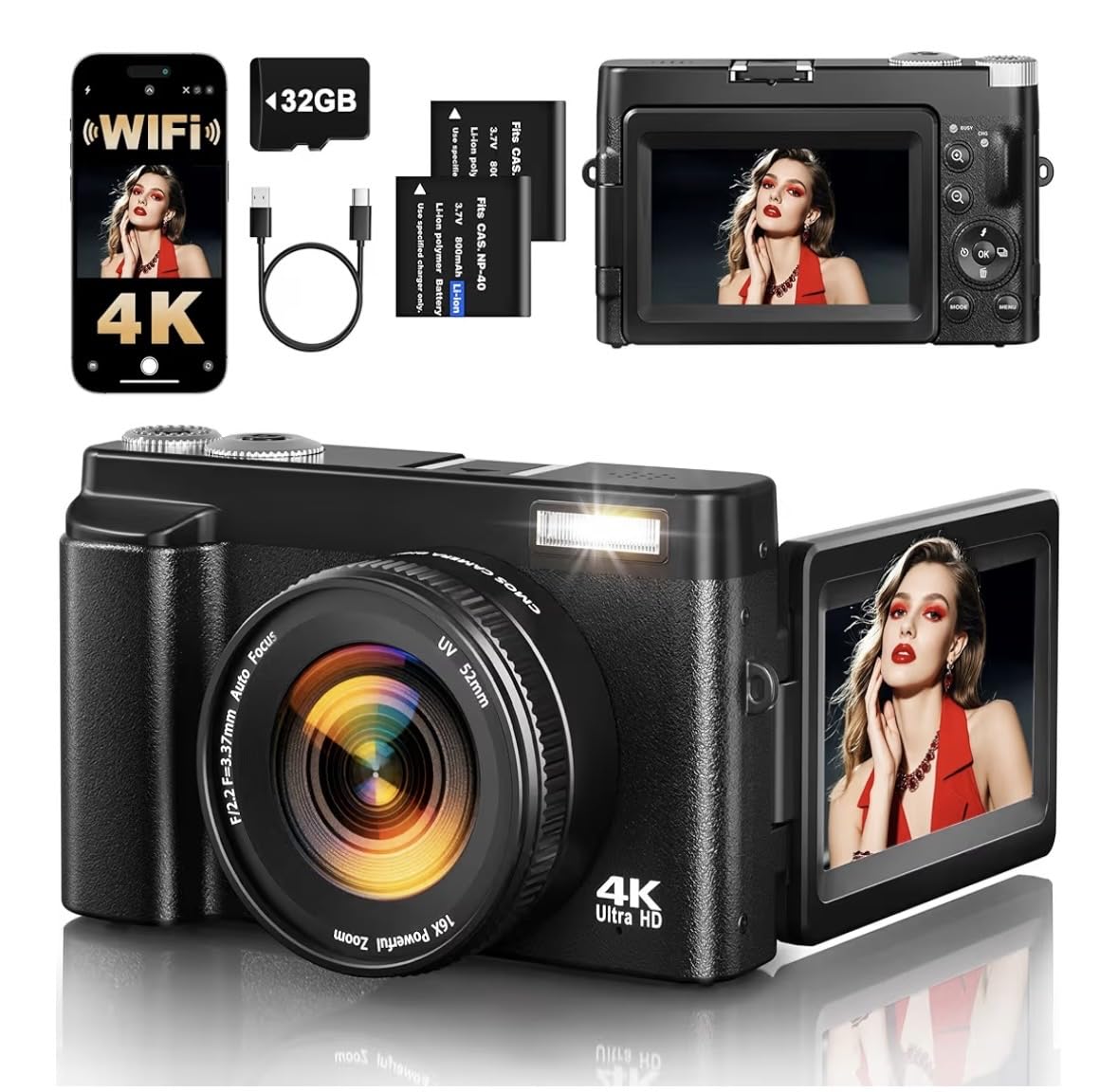 4K Digital Camera for Photography, 64MP Autofocus WiFi Vlogging Camera for YouTube with 3'' 180° Flip Screen, Travel Camera with SD Card, Point and Shoot Digital Camera 16X Zoom, UV Filter, 2 Batteries customer photo 2