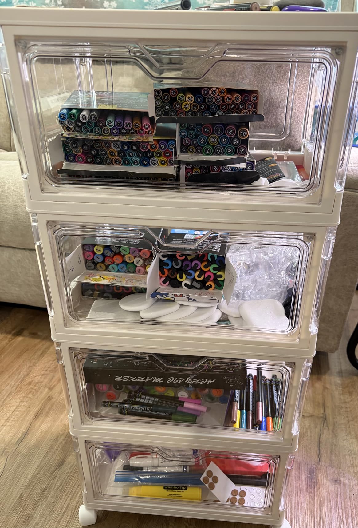 SNSLXH Portable Clear Storage Bins with Lid & Wheels, 24QT Clear Storage Bins with Lid, 4-Tier Plastic Bins with Wheels, Stackable, Magnetic Doors, for Bedroom, Living Room, Office customer photo 1