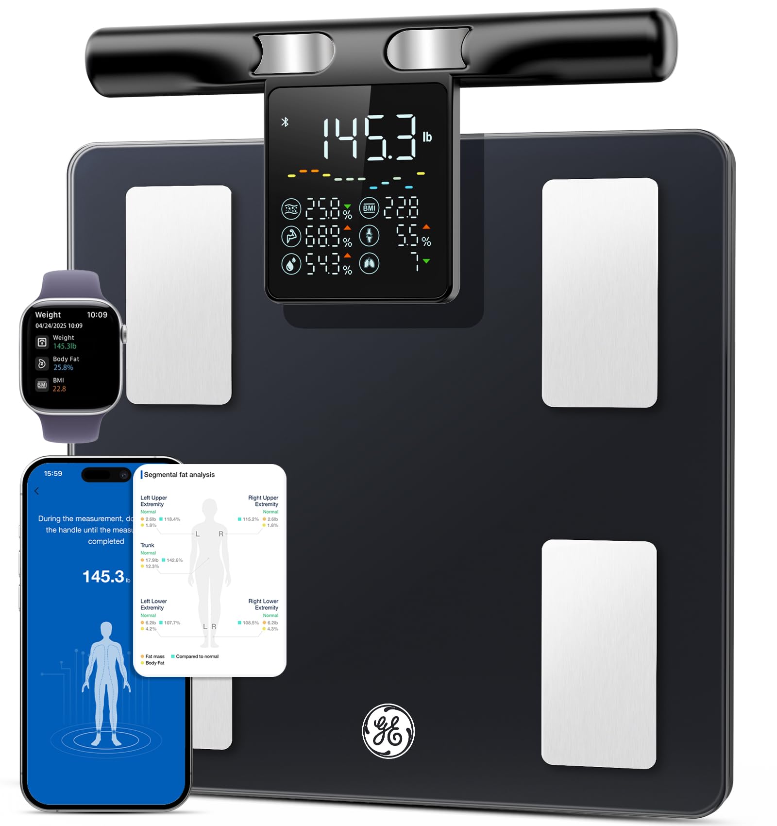 GE Smart Scale for Body Weight: 8-Electrode Body Pod Fat Monitor with Full Body Composition Analysis, Bluetooth App Sync, Large Handle Display, 400lb Capacity Bathroom Scale for Home & Gym, Black customer photo 1