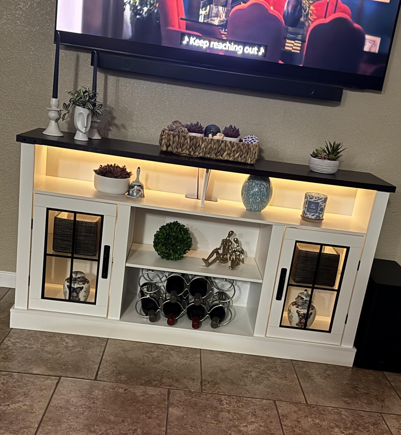 WLIVE Farmhouse TV Stand for 65 Inch TV, Tall Entertainment Center with LED Lights & Storage Cabinets, TV Media Console Table with Adjustable Shelf for Living Room, Bedroom, Home Theater, Black customer photo 2