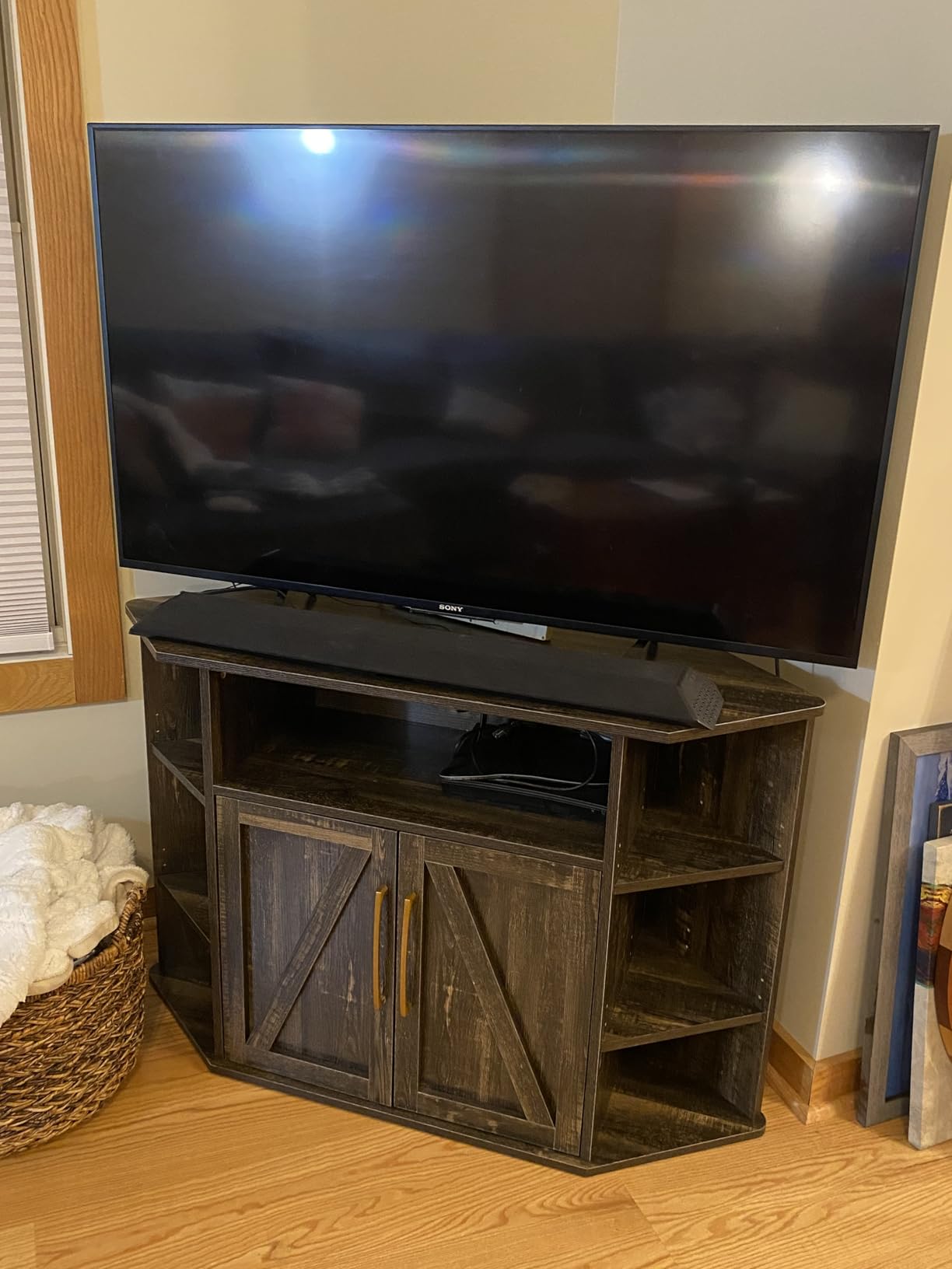 4 EVER WINNER Corner TV Stand for 50 Inch TV, Farmhouse Corner Entertainment Center with LED Lights and Adjustable Shelves, Corner TV Cabinets with Barn Doors for Living Room, White customer photo 1