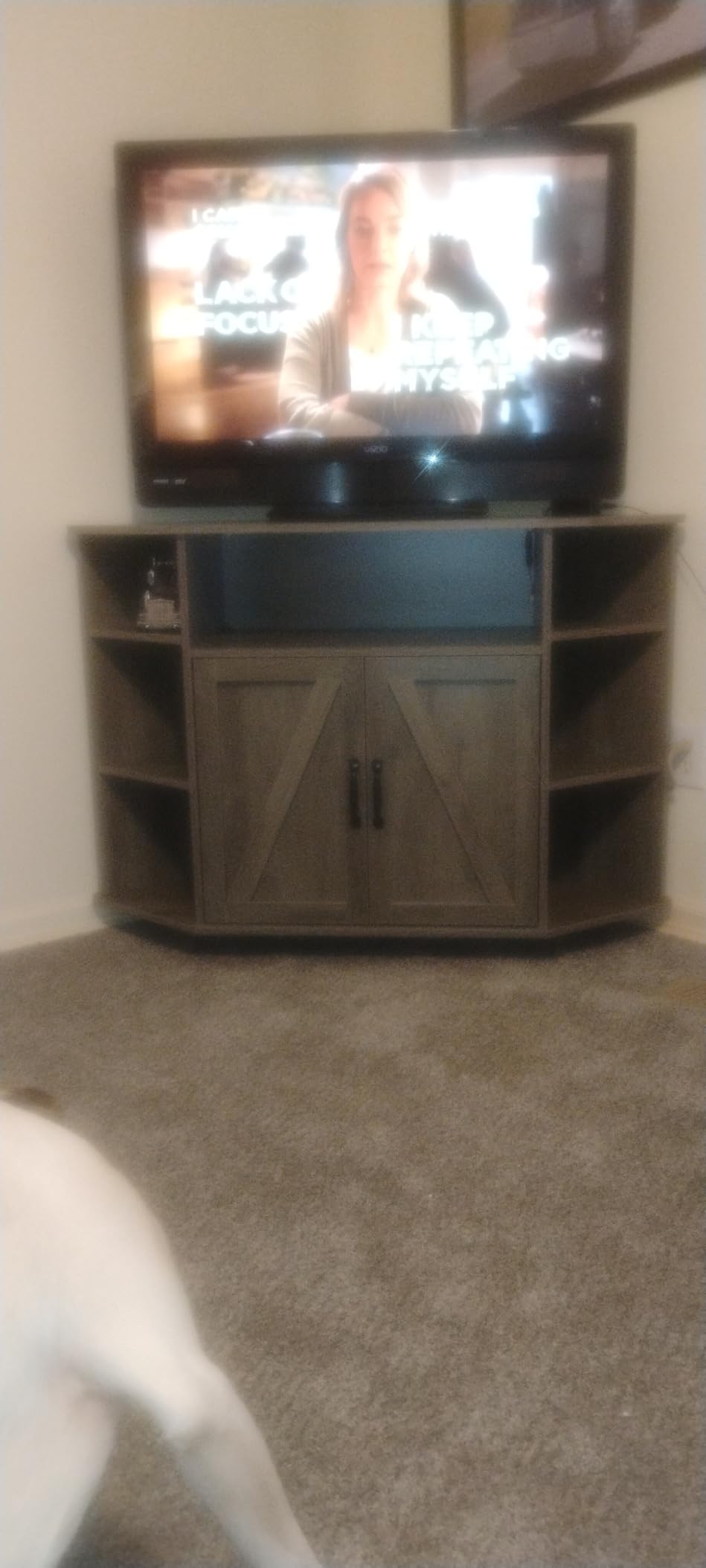 4 EVER WINNER Corner TV Stand for 50 Inch TV, Farmhouse Corner Entertainment Center with LED Lights and Adjustable Shelves, Corner TV Cabinets with Barn Doors for Living Room, White customer photo 2