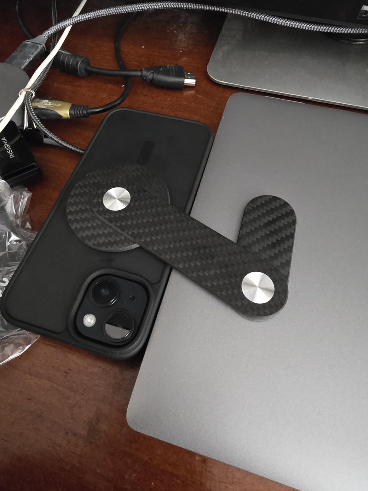 Carbon Fiber Adjustable Laptop Stand Magnetic Phone Holder Computer Monitor Side Mount Clip for iPhone MagSafe Series & All Phones Portable Foldable Computer Expansion Bracket (Black Twill) customer photo 2