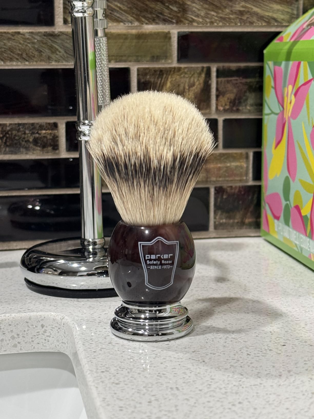 Parker 100% Silvertip Badger Shaving Brush - Olivewood Handle, Long‑Loft 22mm Knot with Resin Stand - Super Soft Bristles for a Rich Lather for all Skin Types customer photo 1