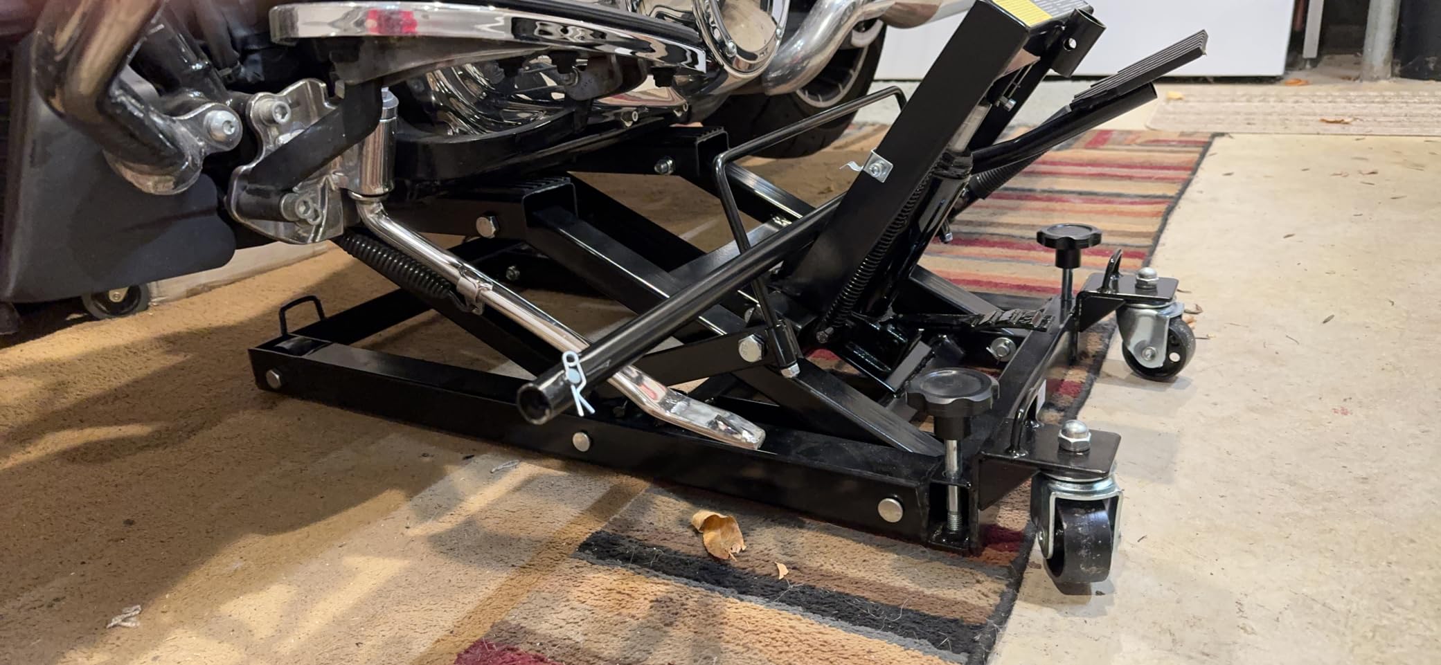 Black Widow Motorcycle or ATV Lift Jack Stand Hydraulic, Steel, 1,500 lb | Foot pedal operation or air compressor (not included), 1,500 lb cap, 16