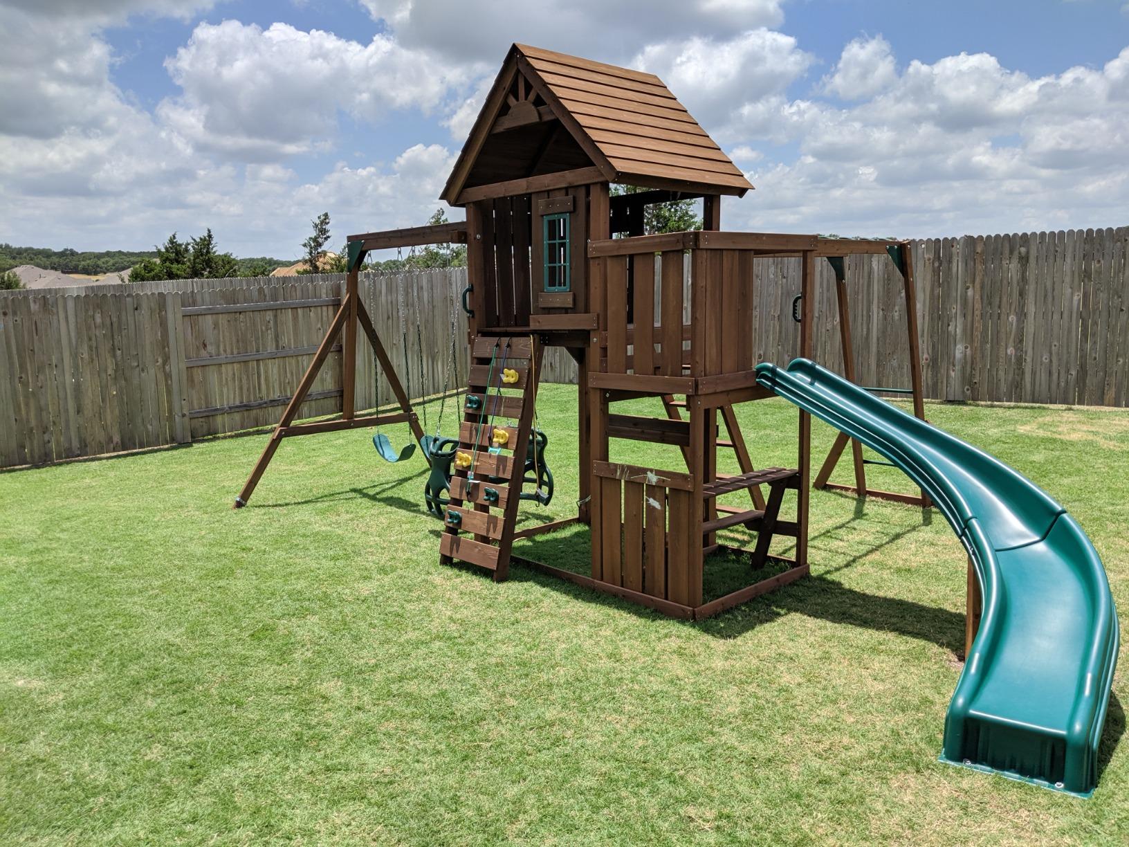 Swing-N-Slide PB 8272 Cedar Brook Wooden Swing Set Play Set with Two Swings, Slide, Monkey Bars, Picnic Table & Glider, Green customer photo 2