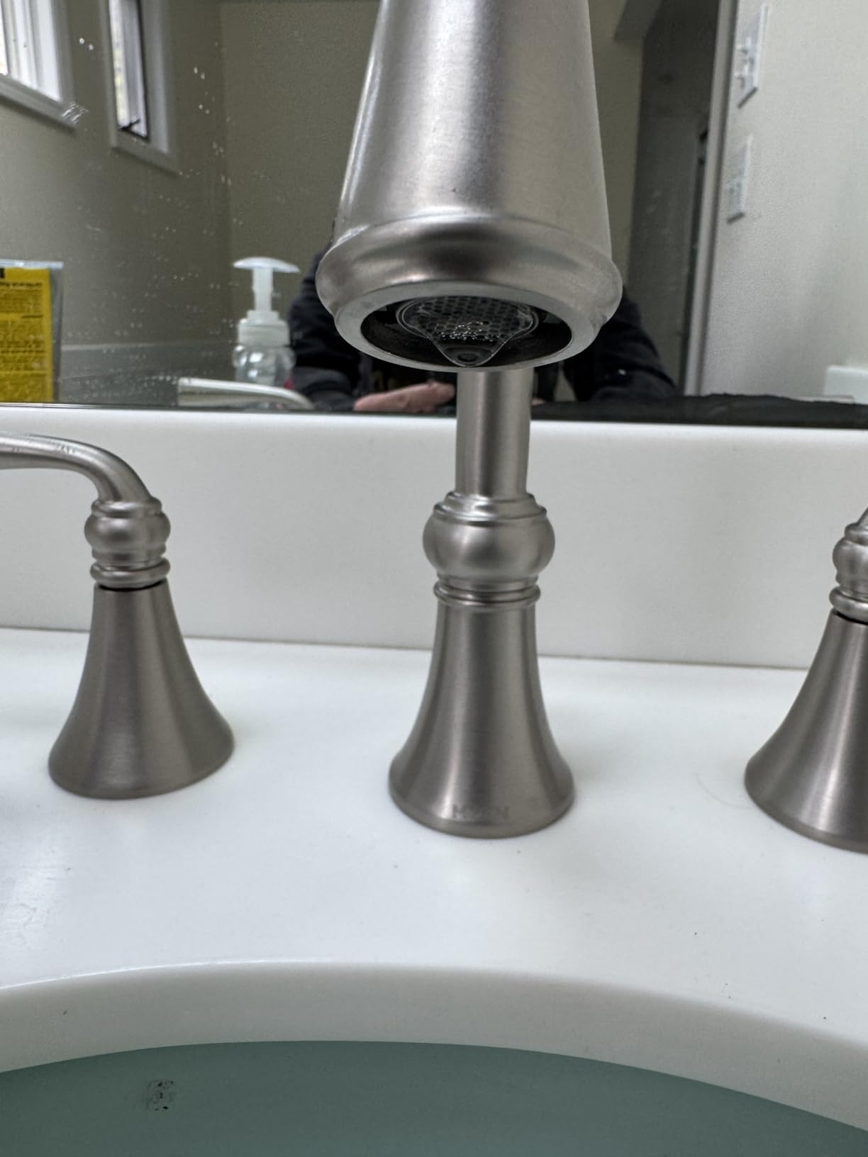 Moen Wetherly Spot Resist Brushed Nickel Two-Handle Widespread Bathroom Faucet with Valve Included, 3-hole Deck Mounted Setup, WS84855SRN customer photo 1