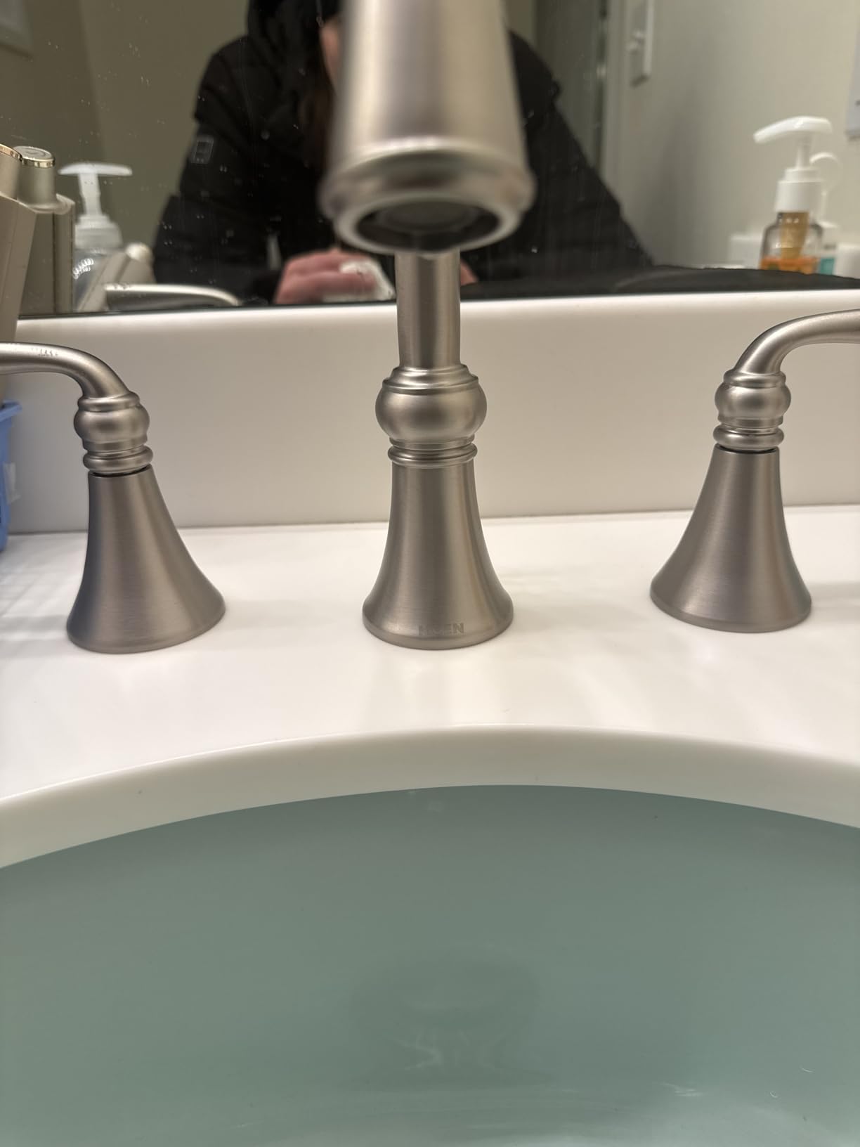 Moen Wetherly Spot Resist Brushed Nickel Two-Handle Widespread Bathroom Faucet with Valve Included, 3-hole Deck Mounted Setup, WS84855SRN customer photo 2