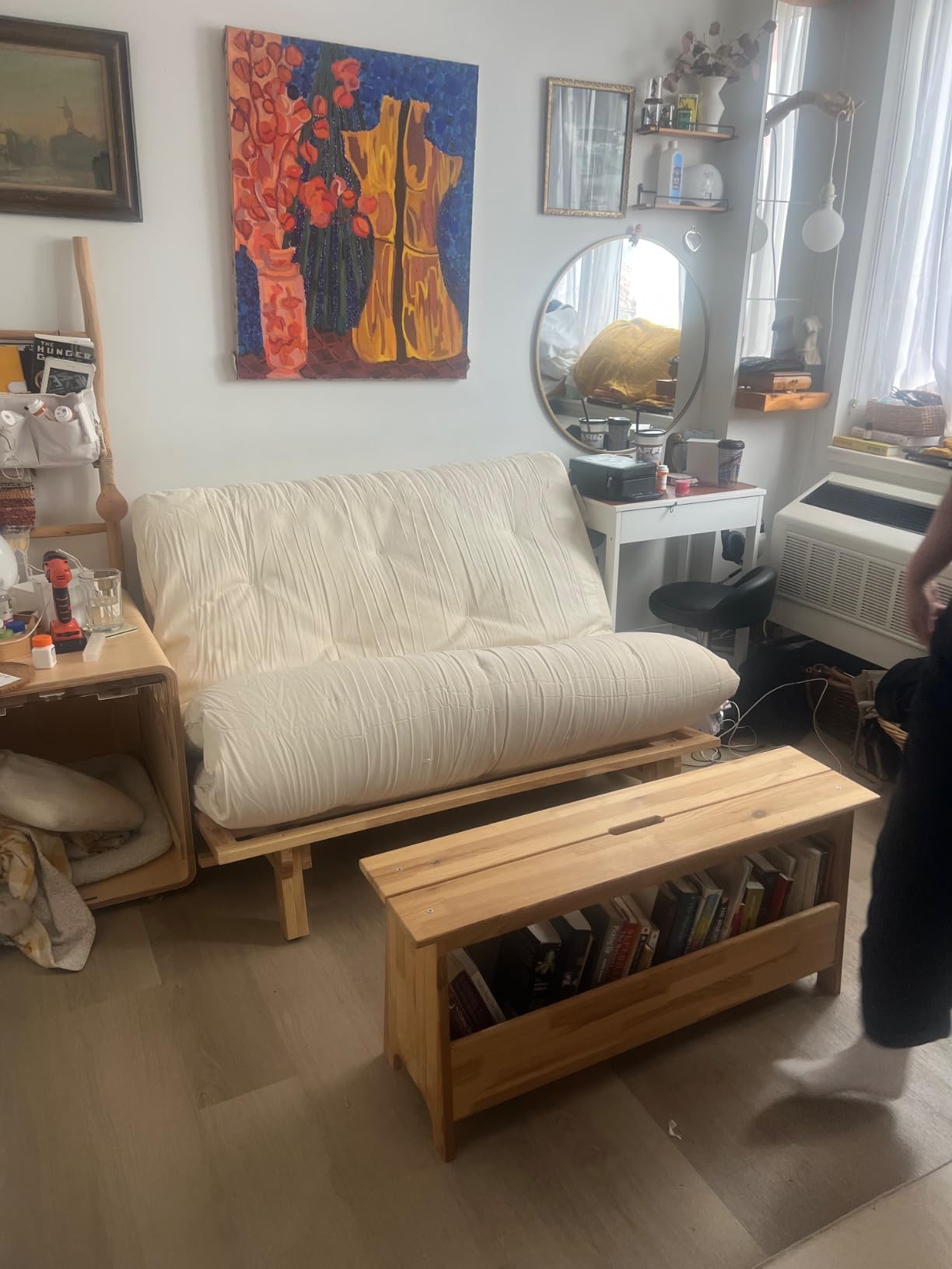 Nirvana Futons Queen Size Futon Bed Sofa - (Natural Hardwood Frame and Ivory Mattress Set), Armless Convertible, Couch, Bed, Lounger customer photo 2