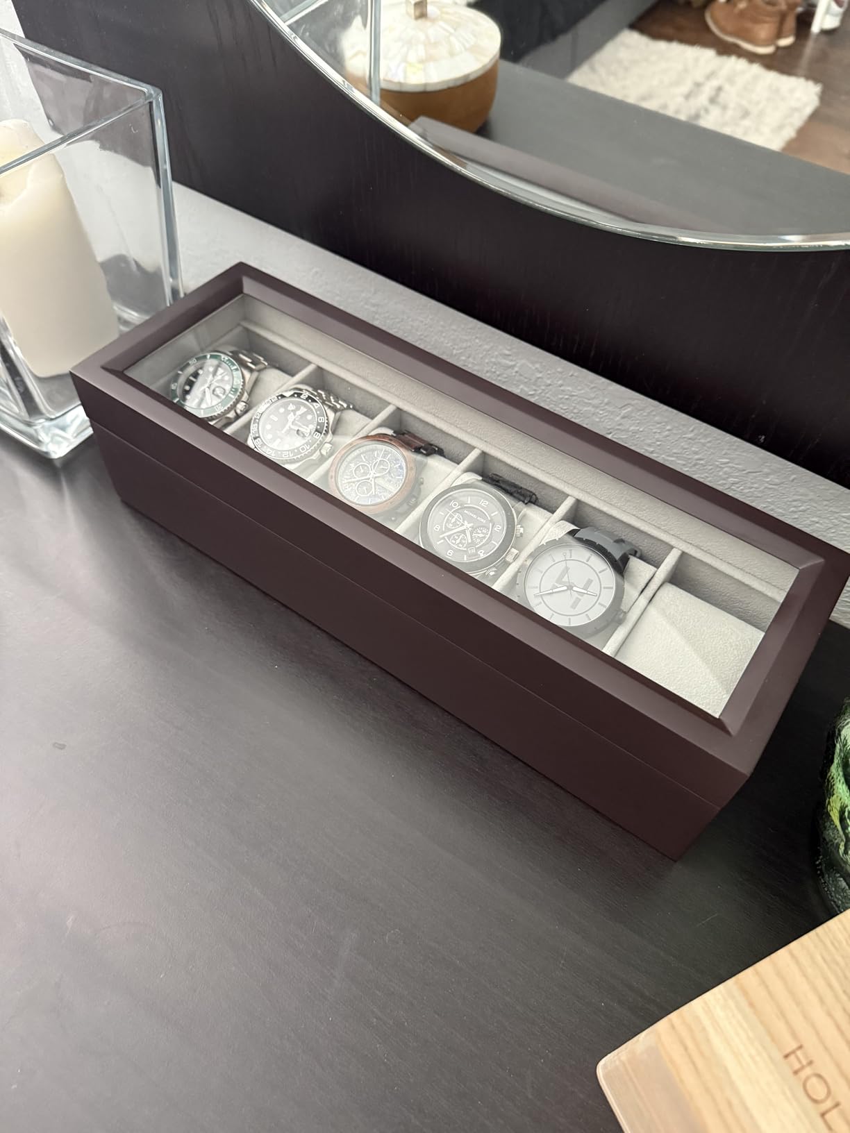 CASE ELEGANCE 6-Slot Solid Wood Watch Box for Men -- Real Glass Display Top, Magnetic Closure & Pillow Stands, Espresso customer photo 1