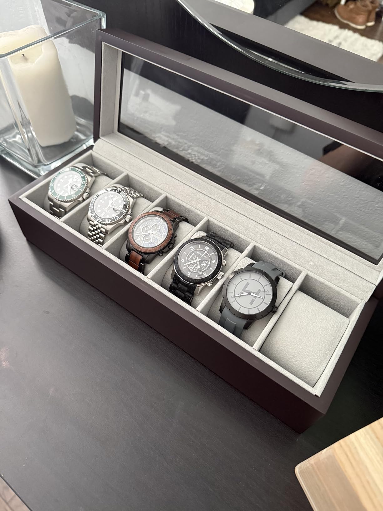 CASE ELEGANCE 6-Slot Solid Wood Watch Box for Men -- Real Glass Display Top, Magnetic Closure & Pillow Stands, Espresso customer photo 2