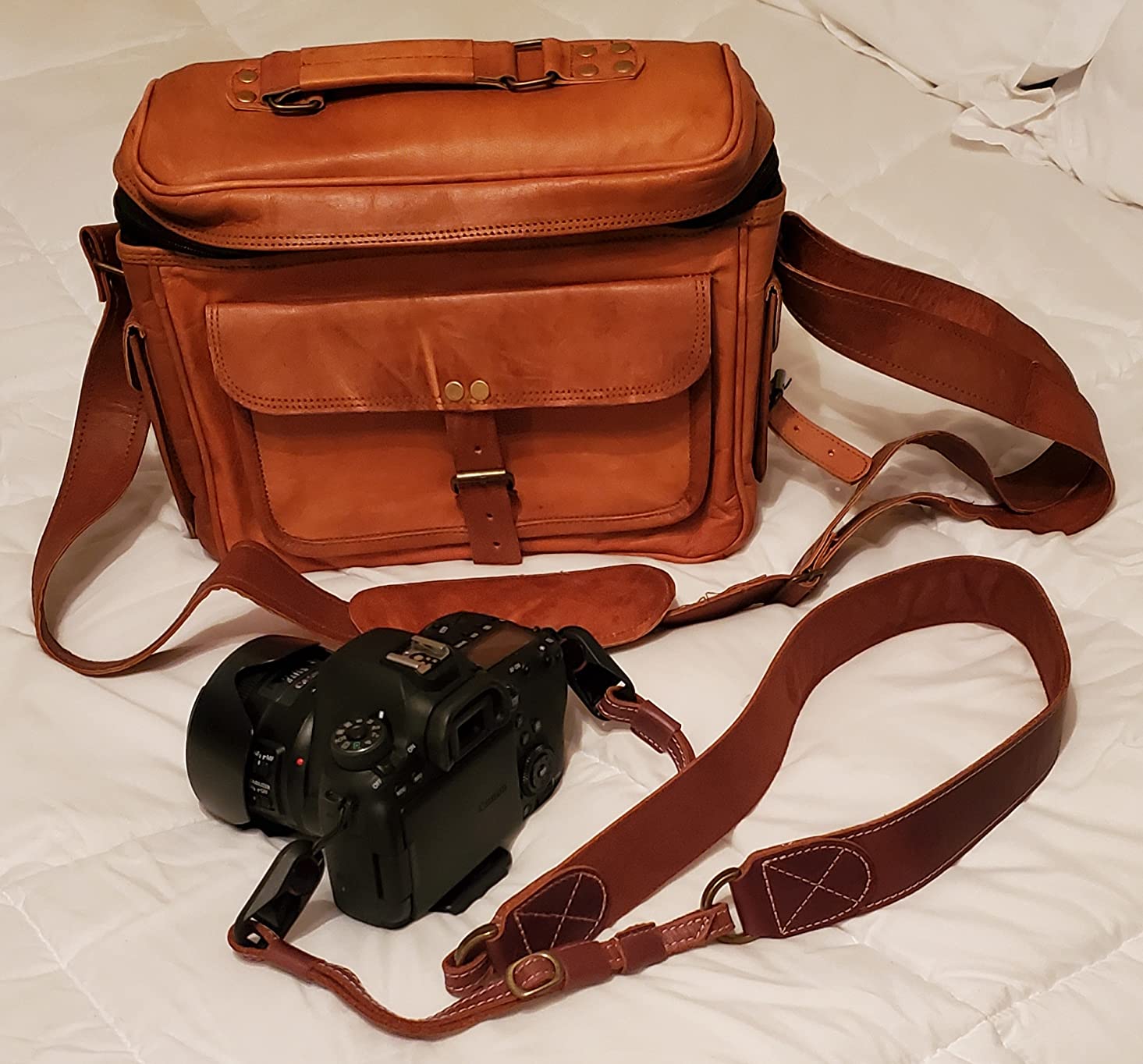 Leather Messenger Bag for Camera - Vintage Shoulder Satchel Camera Bag for DSLR, Canon, Nikon, Fuji Cameras - Travel, Portable Photography Bag customer photo 2