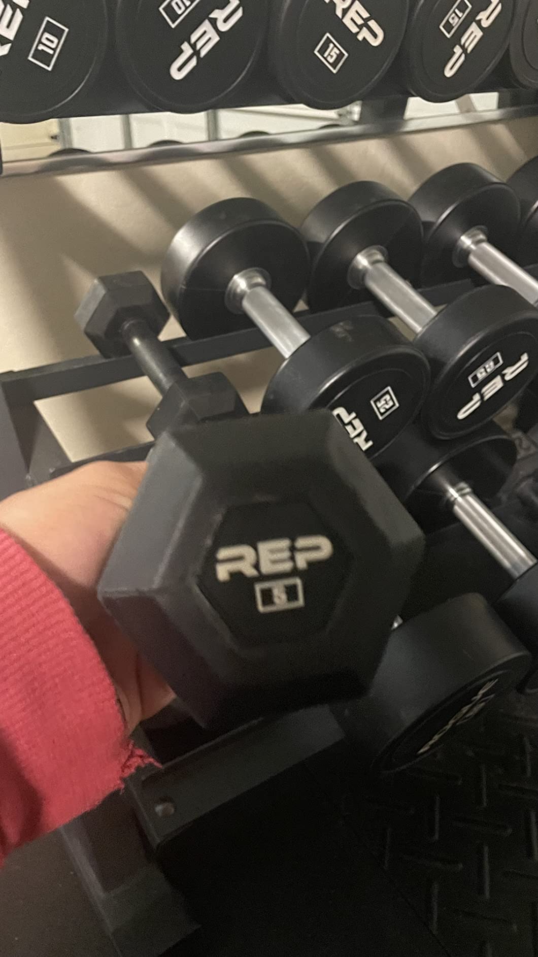 REP Fitness Urethane Coated Round Dumbbells, 5 to 100 lbs, Singles or Pairs, With or Without Rack, Steel Core, Rubber Encased, Chrome Handles, Professional Weights for Home Gym Strength Training customer photo 1