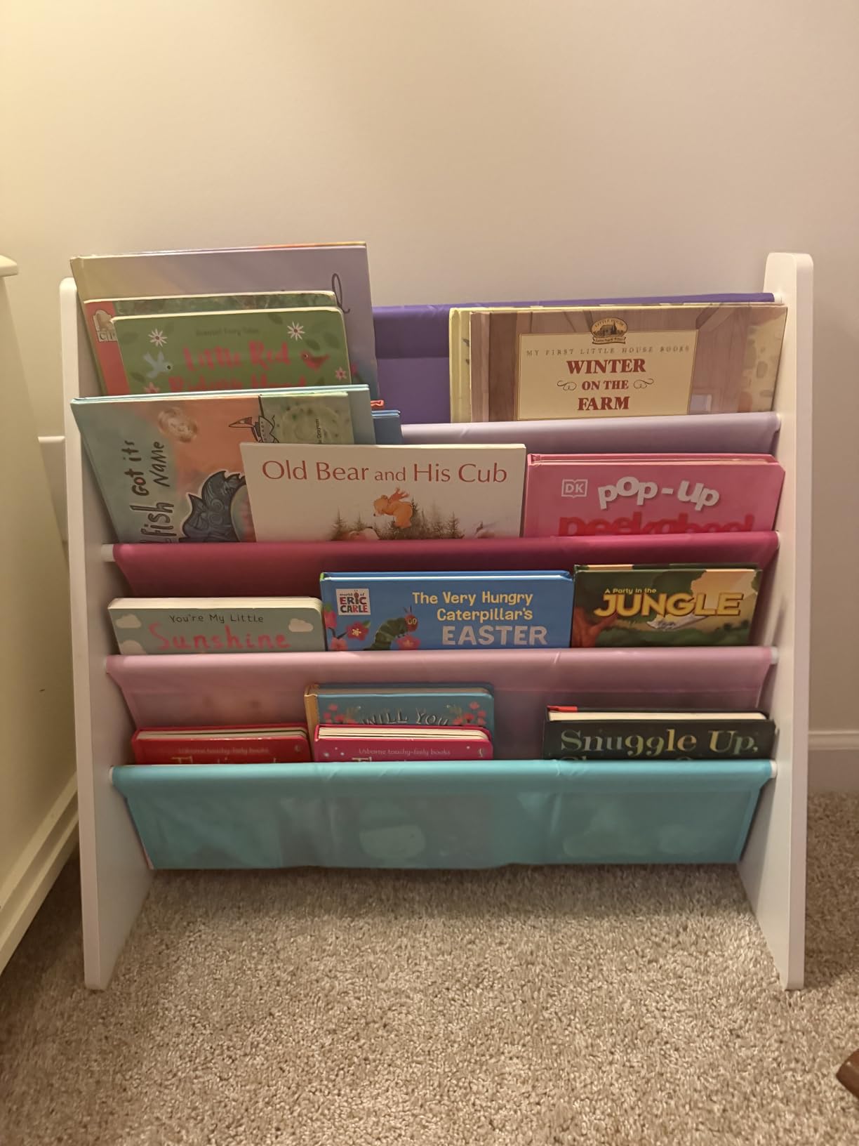 Humble Crew Kids Bookshelf, Montessori Front Facing Toddler Bookcase 4 Tier | Book display rack and reading nook organizer, nylon pockets show covers face out, compact for any playroom or bedroom space customer photo 1