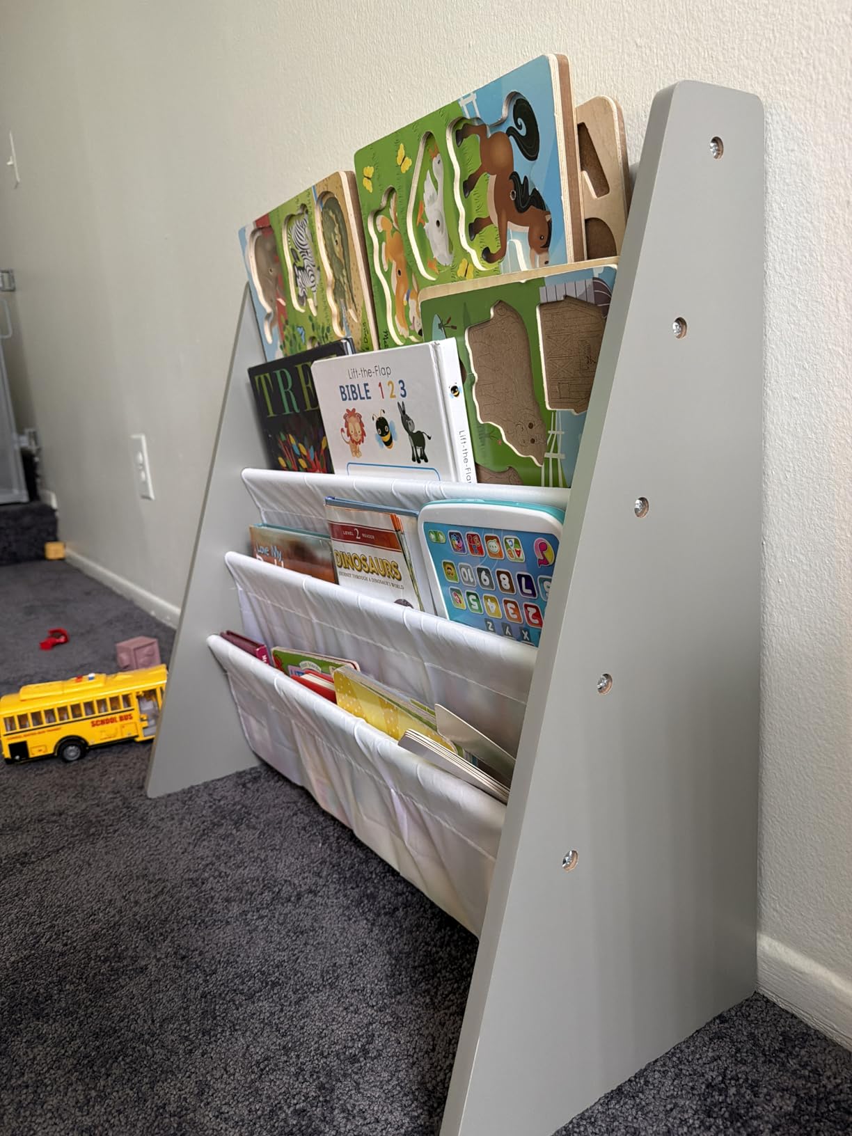 Humble Crew Kids Bookshelf, Montessori Front Facing Toddler Bookcase 4 Tier | Book display rack and reading nook organizer, nylon pockets show covers face out, compact for any playroom or bedroom space customer photo 2