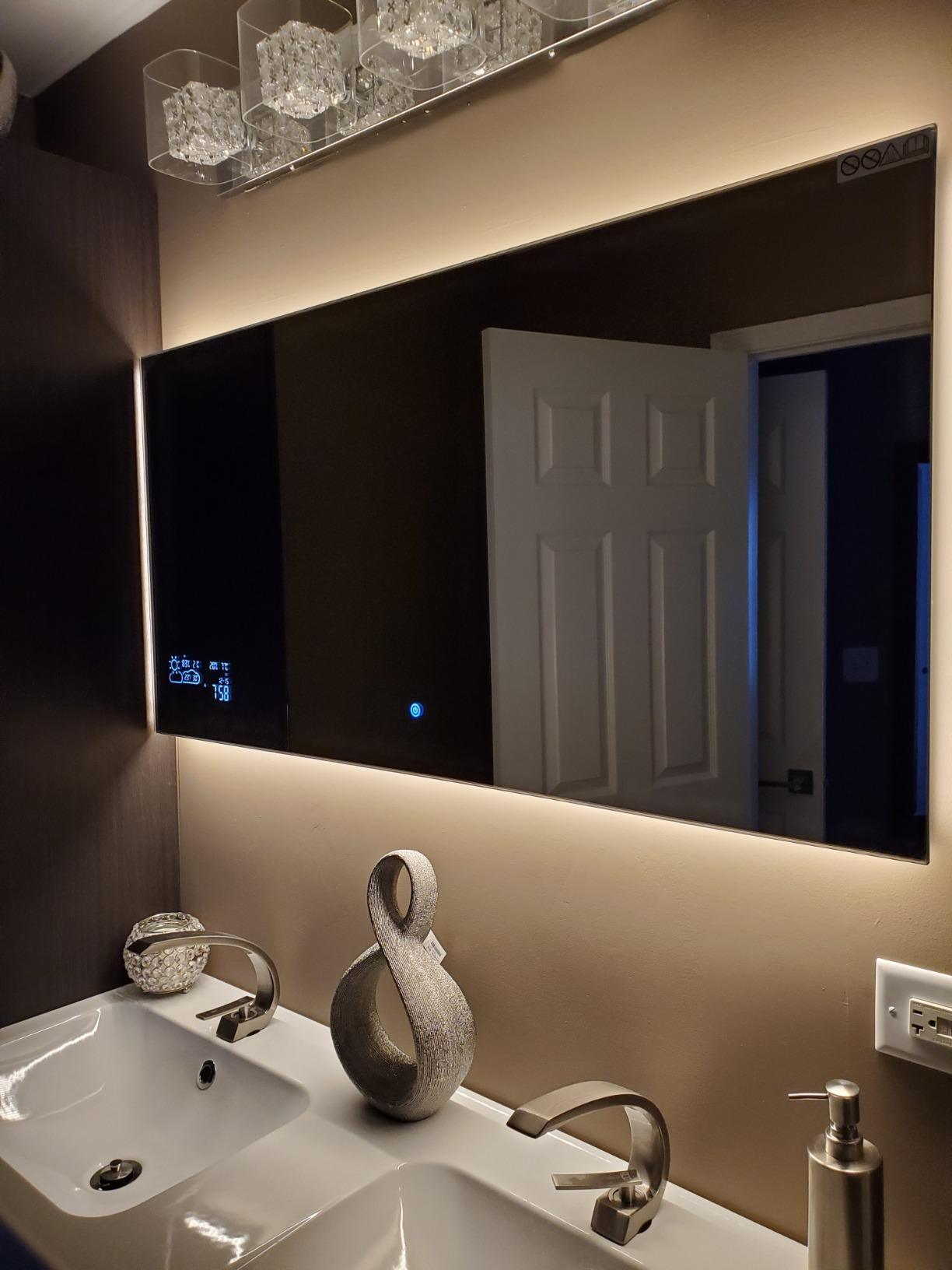 BYECOLD 48x24 Smart Bathroom Mirror Wi-Fi Enabled Weather Display, Anti-Fog LED Light Vanity Mirror Backlit Frameless Lighted Touch Sensor for Wall customer photo 2