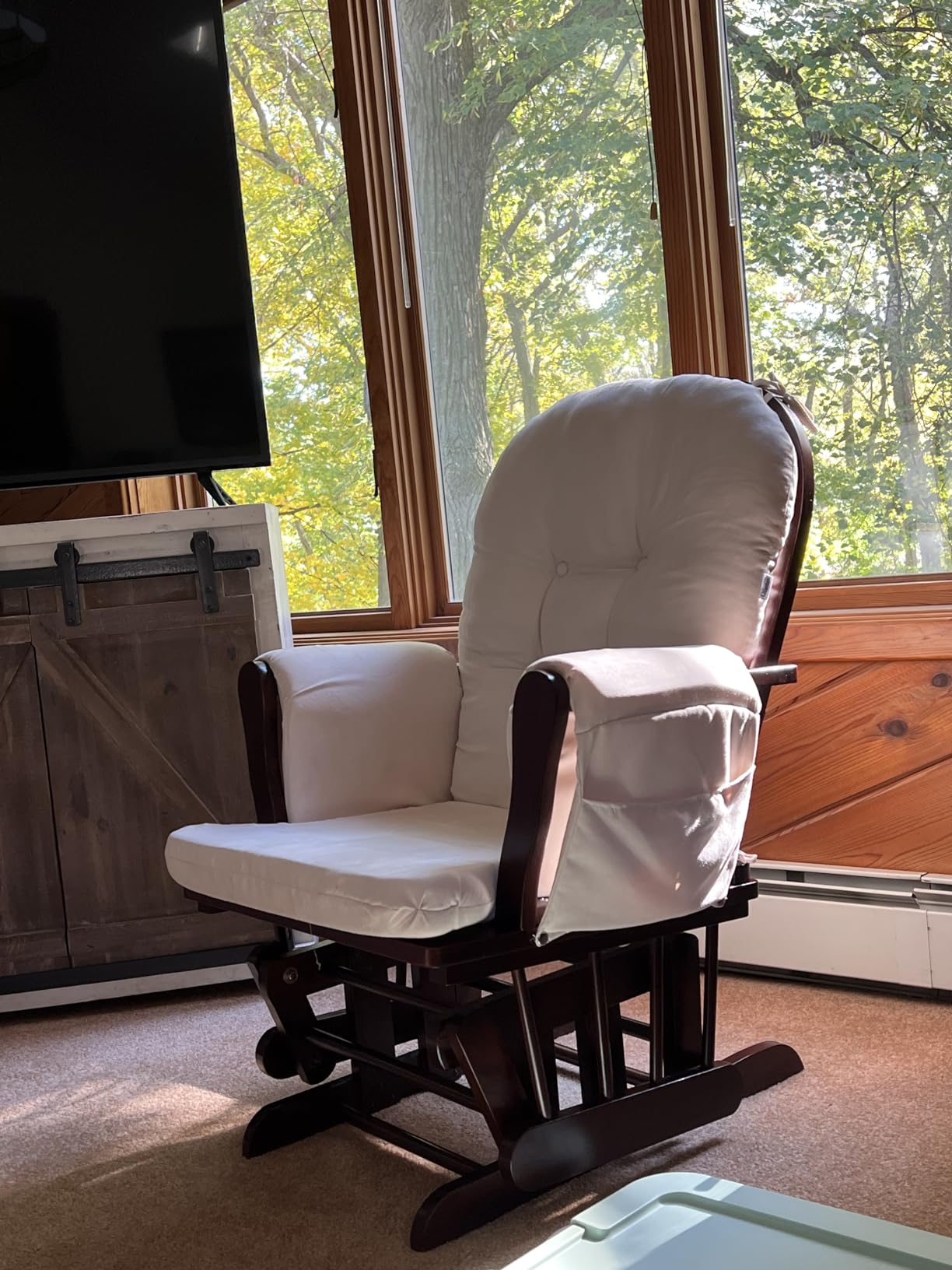 Costzon Nursery Glider with Ottoman, Upholstered Comfort Glider Rocker with Padded Cushion, Storage Pocket, Solid Wood Base, Rocking Chair Nursery for Breastfeeding, Napping (Light Gray) customer photo 1