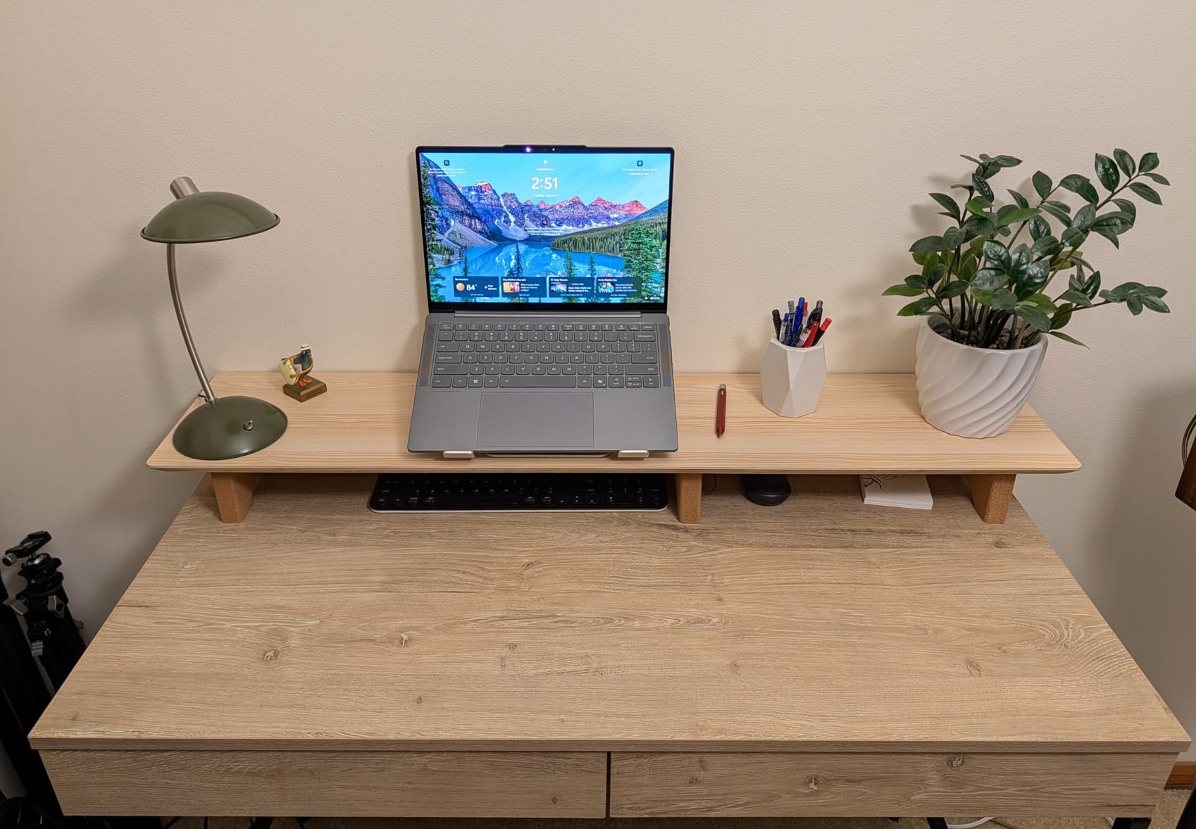 Aothia Solid Wood Dual Monitor Stand Riser for Desk, 43 Inch Black Walnut Computer Monitor Riser with Cork Legs, Extra Long Desktop Organizer Shelf for 2 Monitors, Laptop & Printer customer photo 2