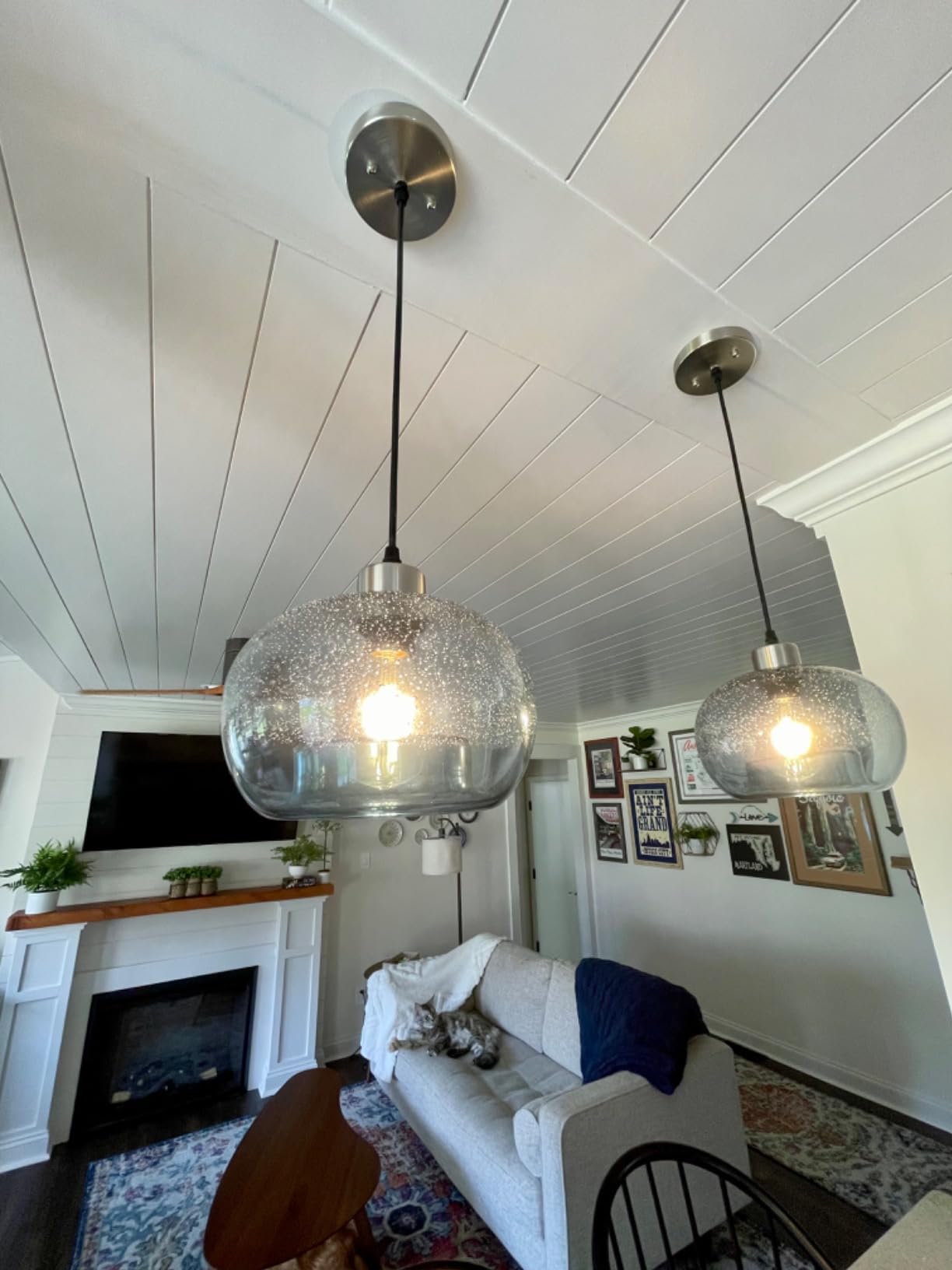 CASAMOTION Hand Blown Glass Pendant Lights Kitchen Island Marble Blue Color Modern Rustic Style Ceiling Hanging Light Fixtures Dining Room Brushed Nickel 8.7 Inch Diameter 2 Pack customer photo 2