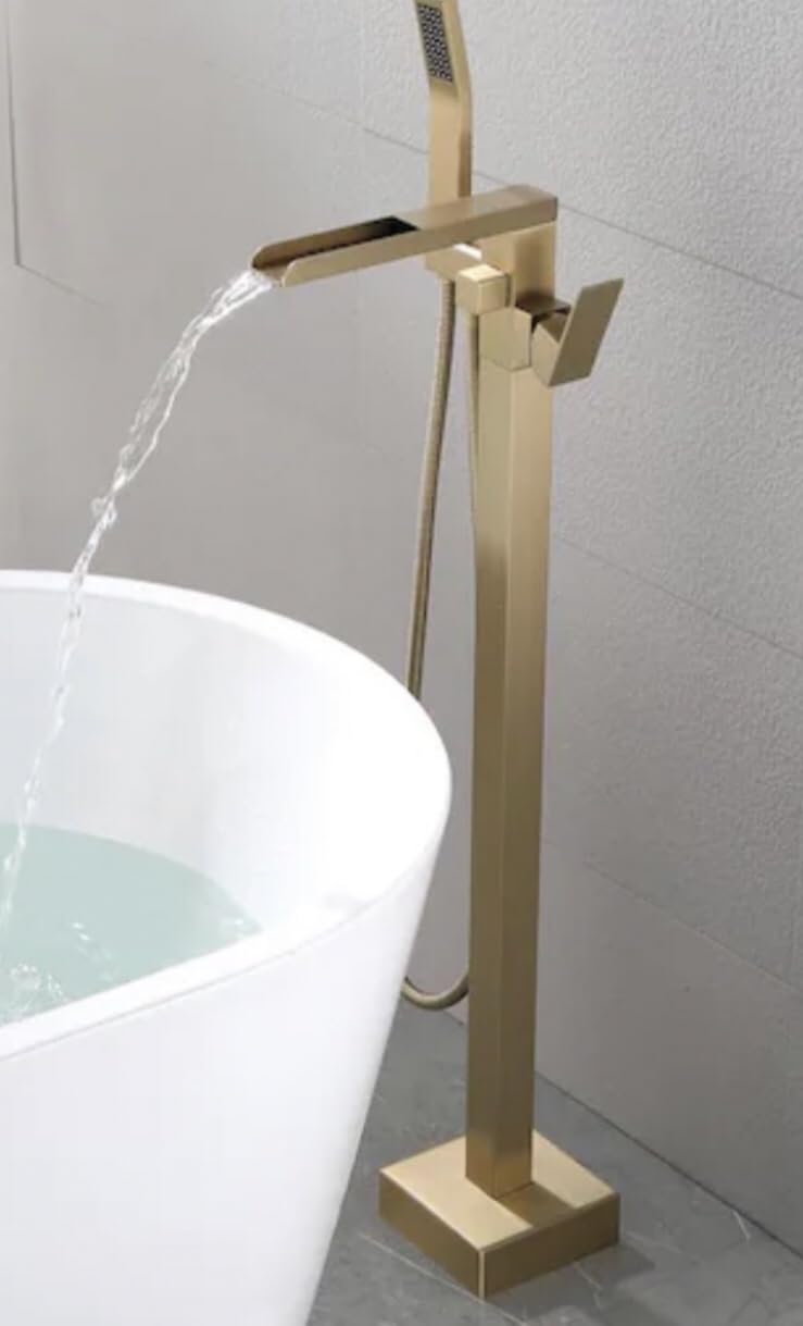 BAGNOLUX Solid Brass Floor Mount Bathtub Faucet Free Standing Tub Faucet Freestanding Tub Filler Brushed Nickel High Flow Rate Swivel Spout with Hand Shower customer photo 2