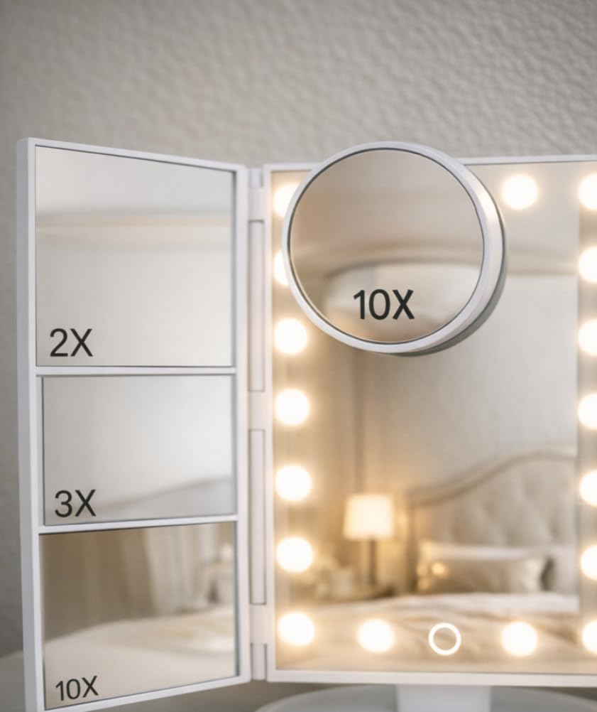 HUONUL Makeup Mirror, Vanity Mirror with Lights, 2X/3X/10X Magnification, Touch Control, Trifold, Dual Power Supply, Birthday Gifts for Women customer photo 2